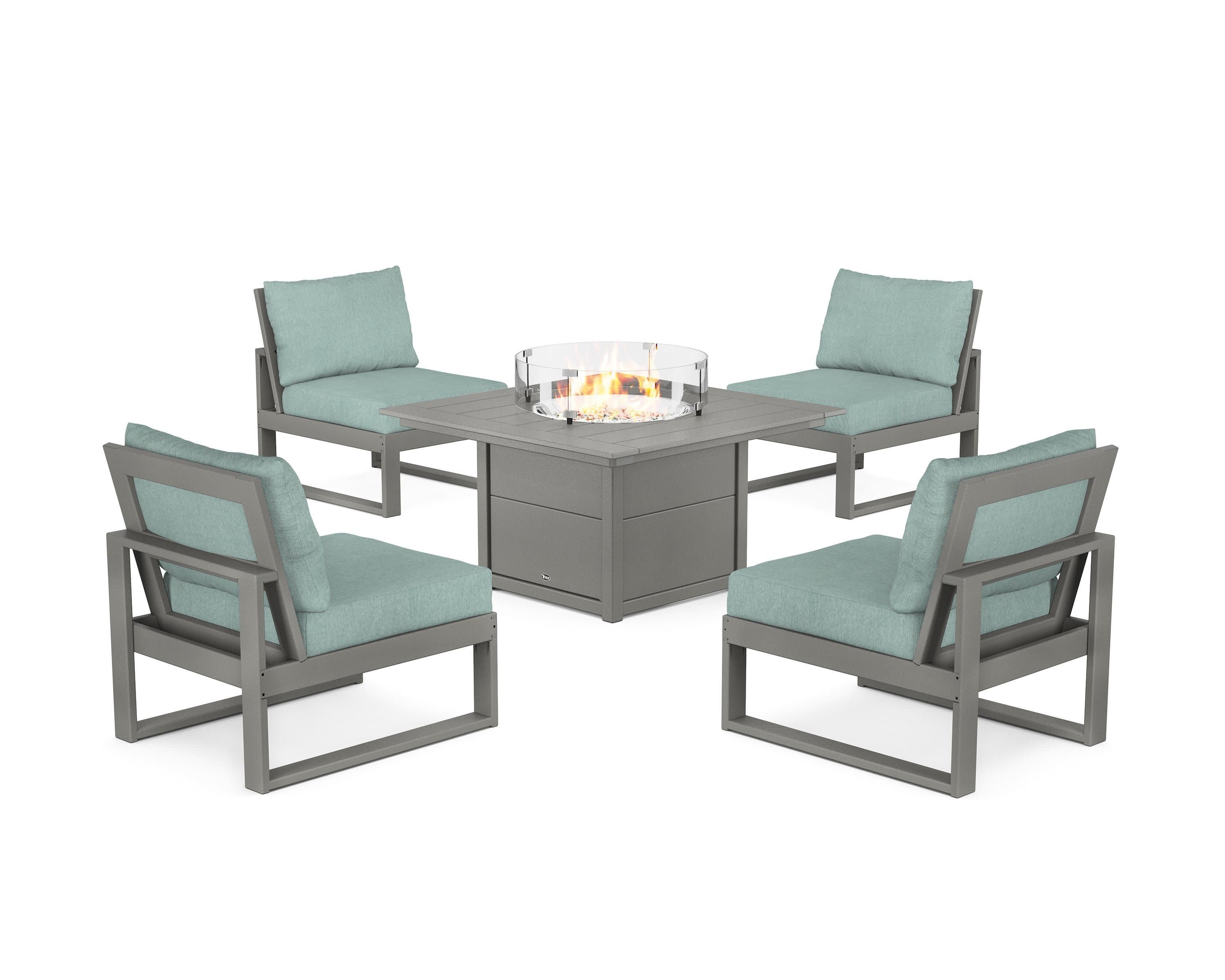 Eastport Modular 5-Piece Deep Seating Set with Square Fire Pit Table in Stepping Stone / Glacier Spa