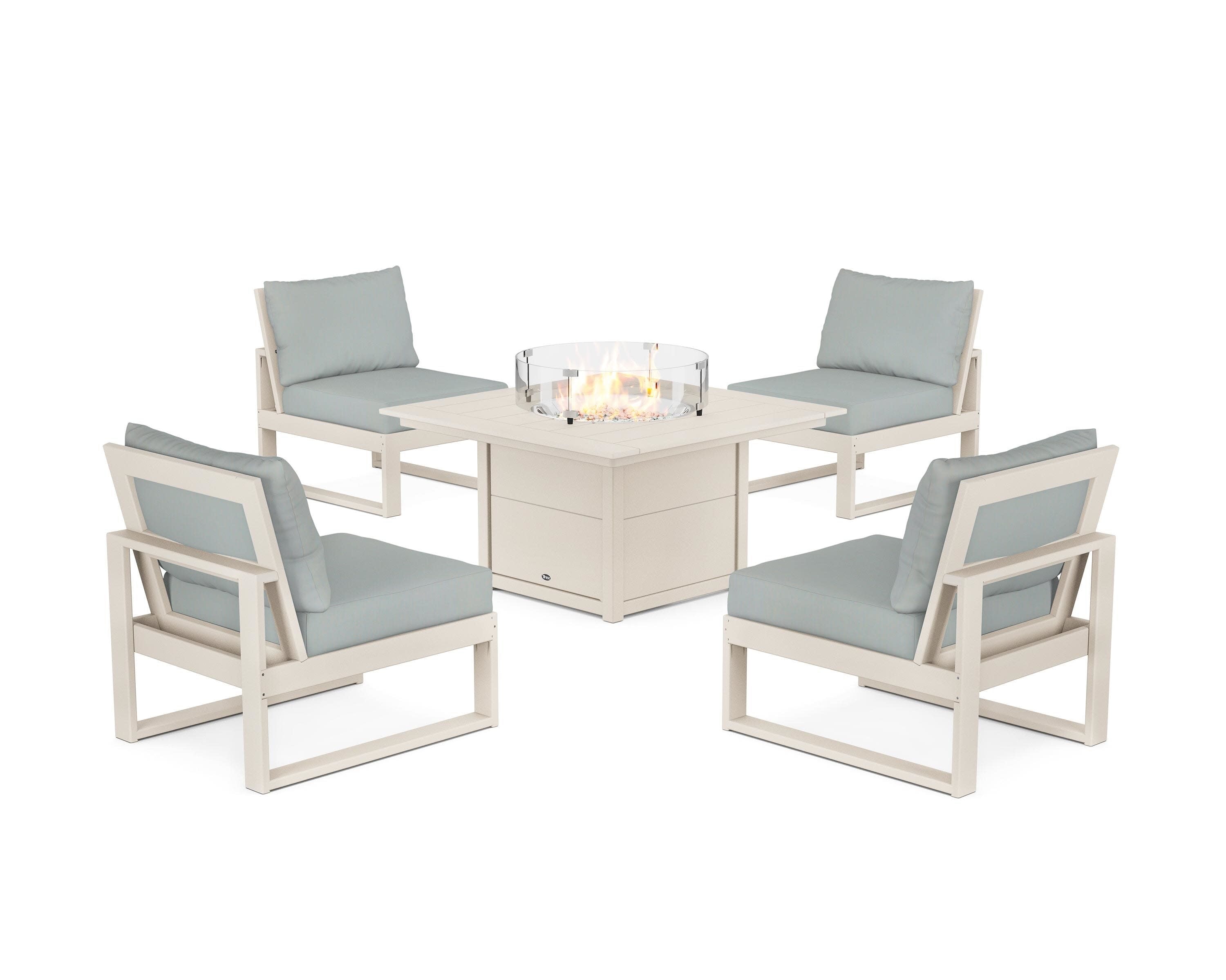 Eastport Modular 5-Piece Deep Seating Set with Square Fire Pit Table in Sand Castle / Spa