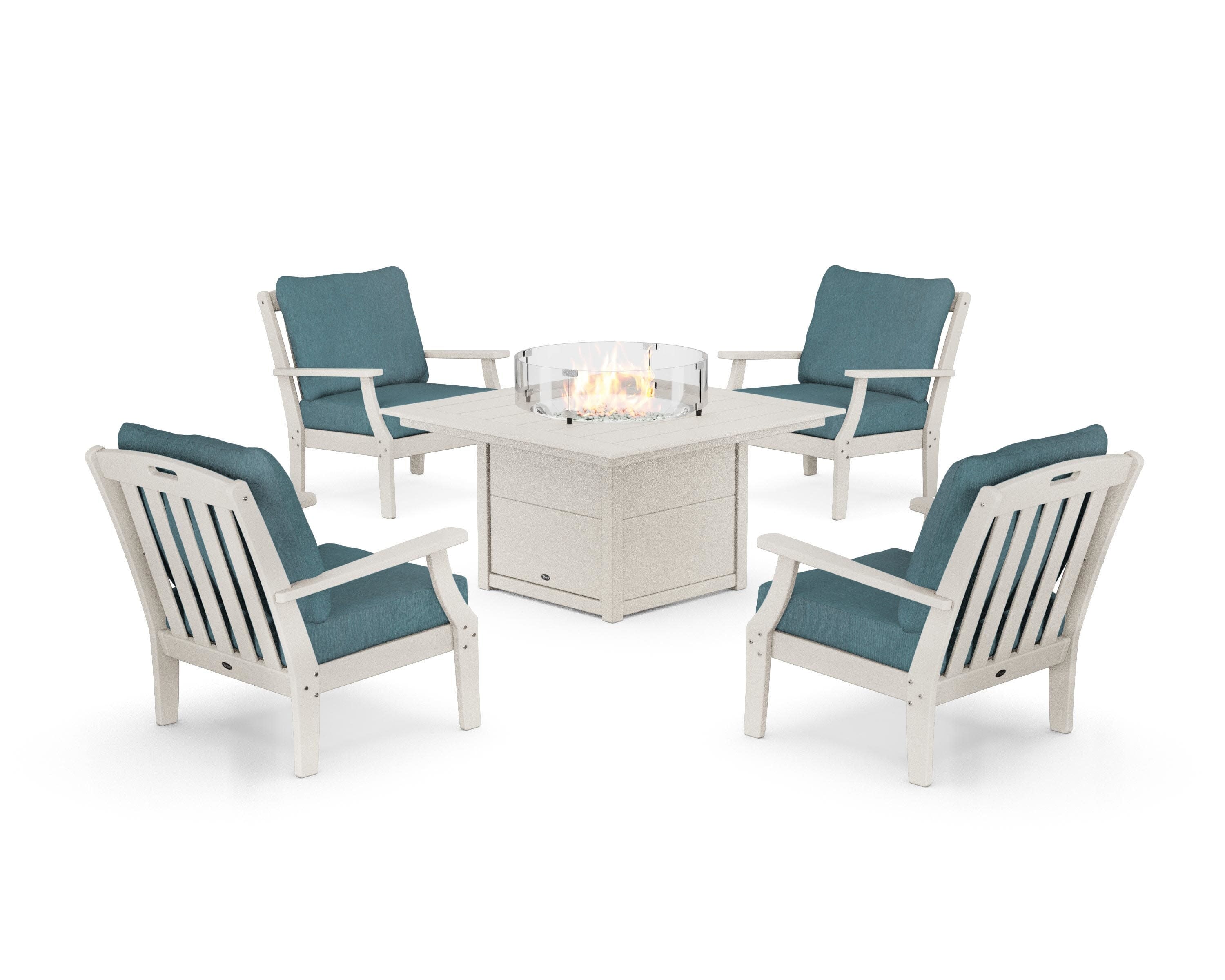 Yacht Club 5-Piece Deep Seating Set with Square Fire Pit Table in Sand Castle / Ocean Teal