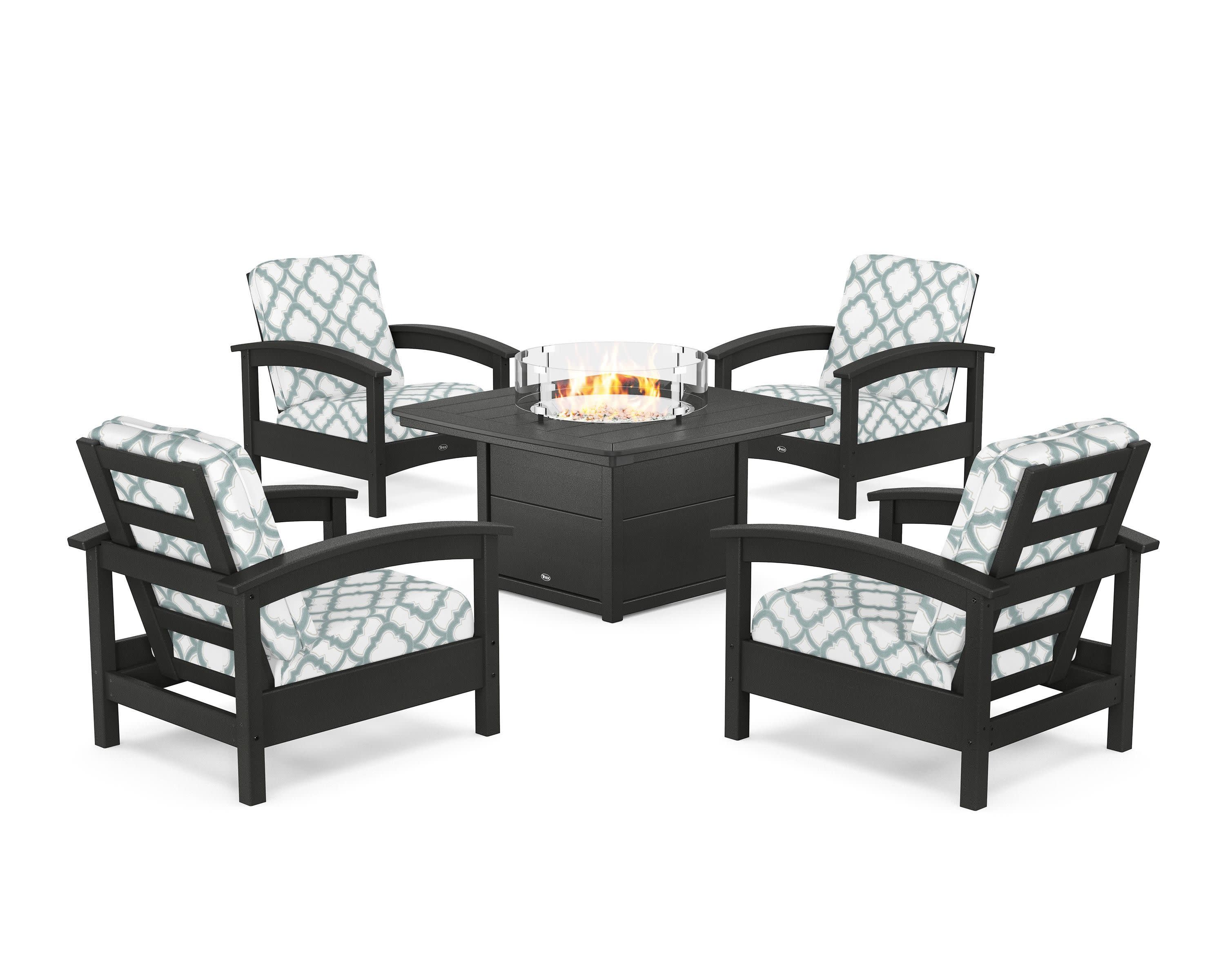 Rockport 5-Piece Deep Seating Set with Yacht Club Fire Pit Table in Charcoal Black / Trellis Glacier Spa