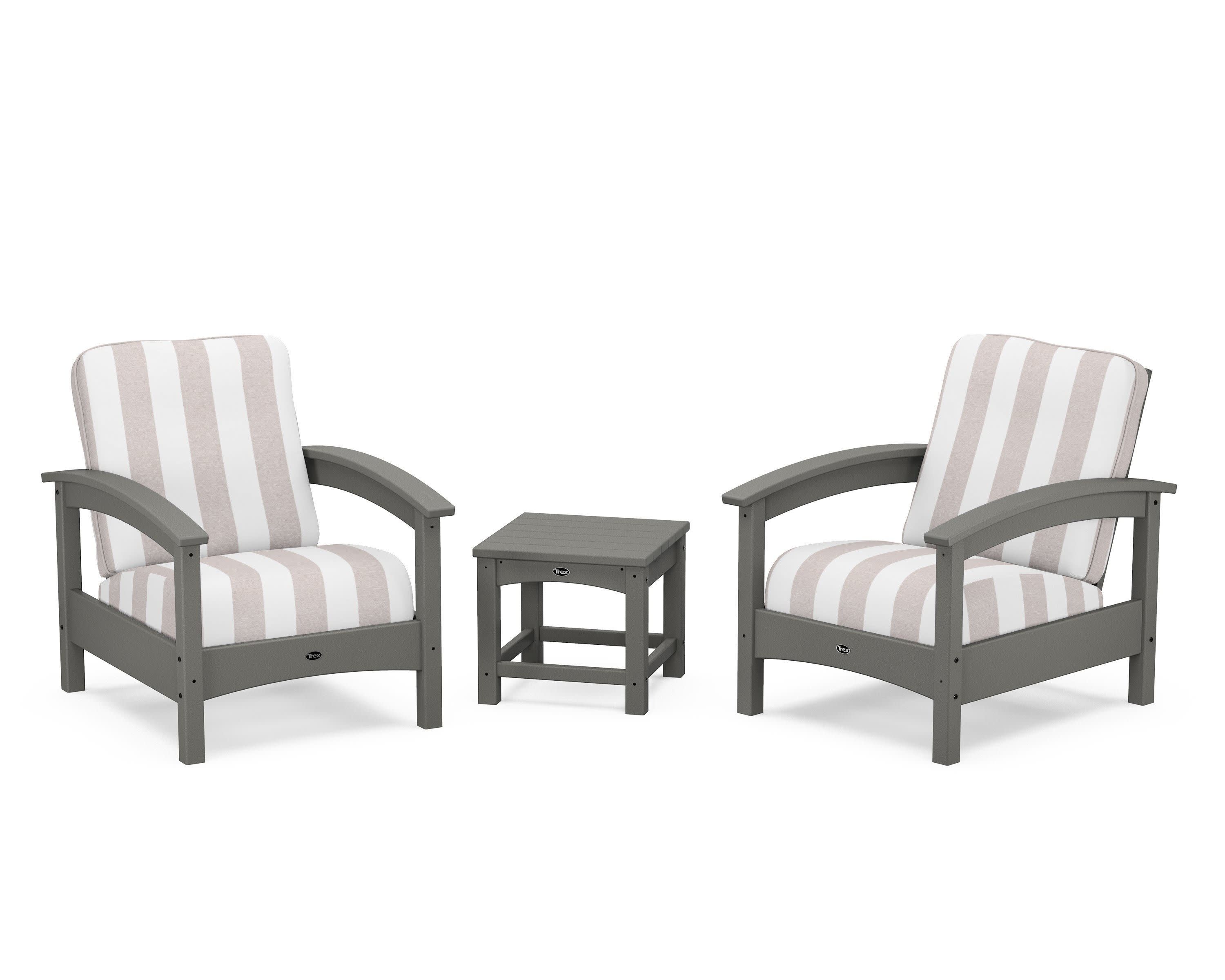 Rockport Club 3-Piece Deep Seating Conversation Set in Stepping Stone / Cabana Stripe Dune Burlap