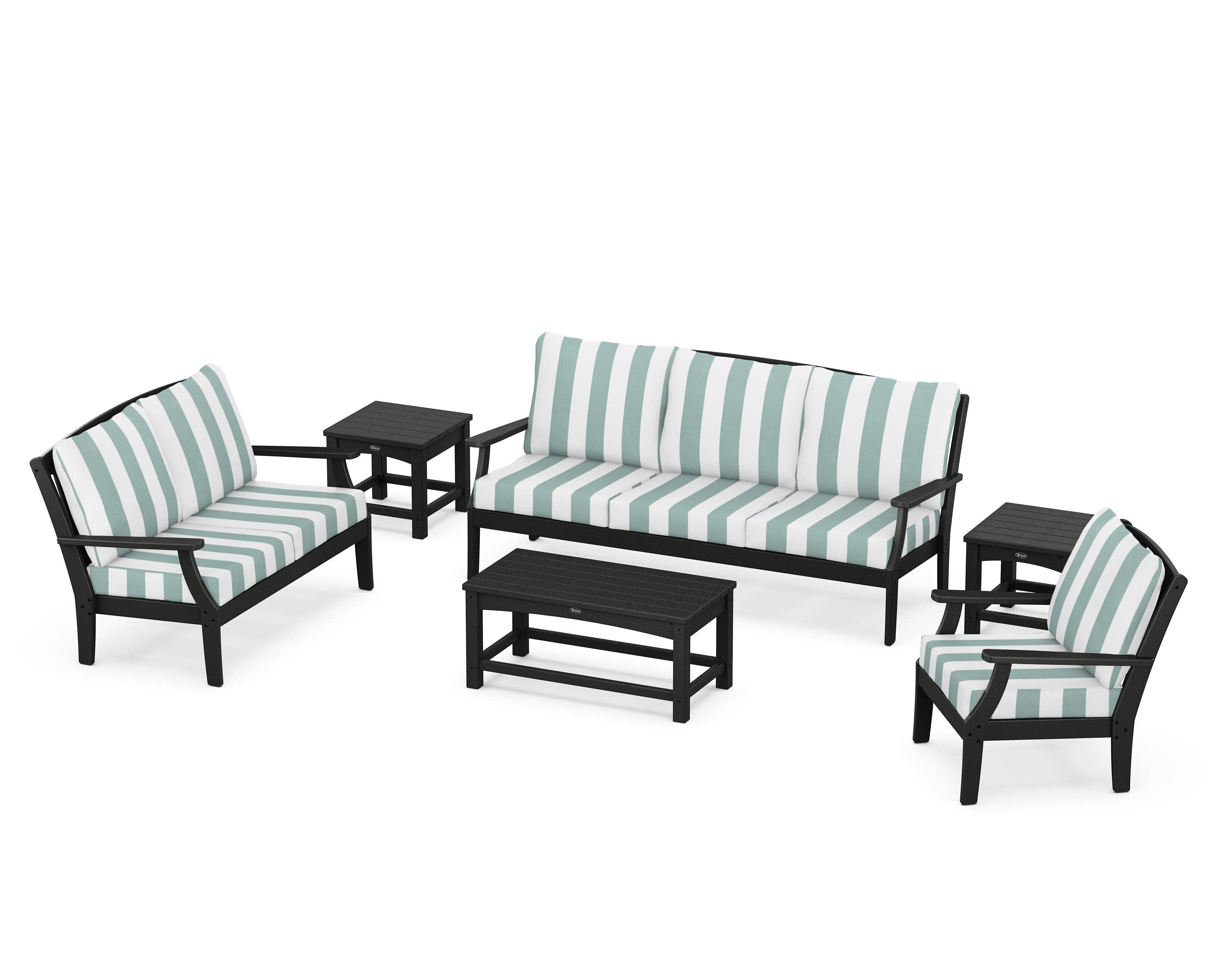 Yacht Club 6-Piece Deep Seating Set in Charcoal Black / Cabana Stripe Glacier Spa