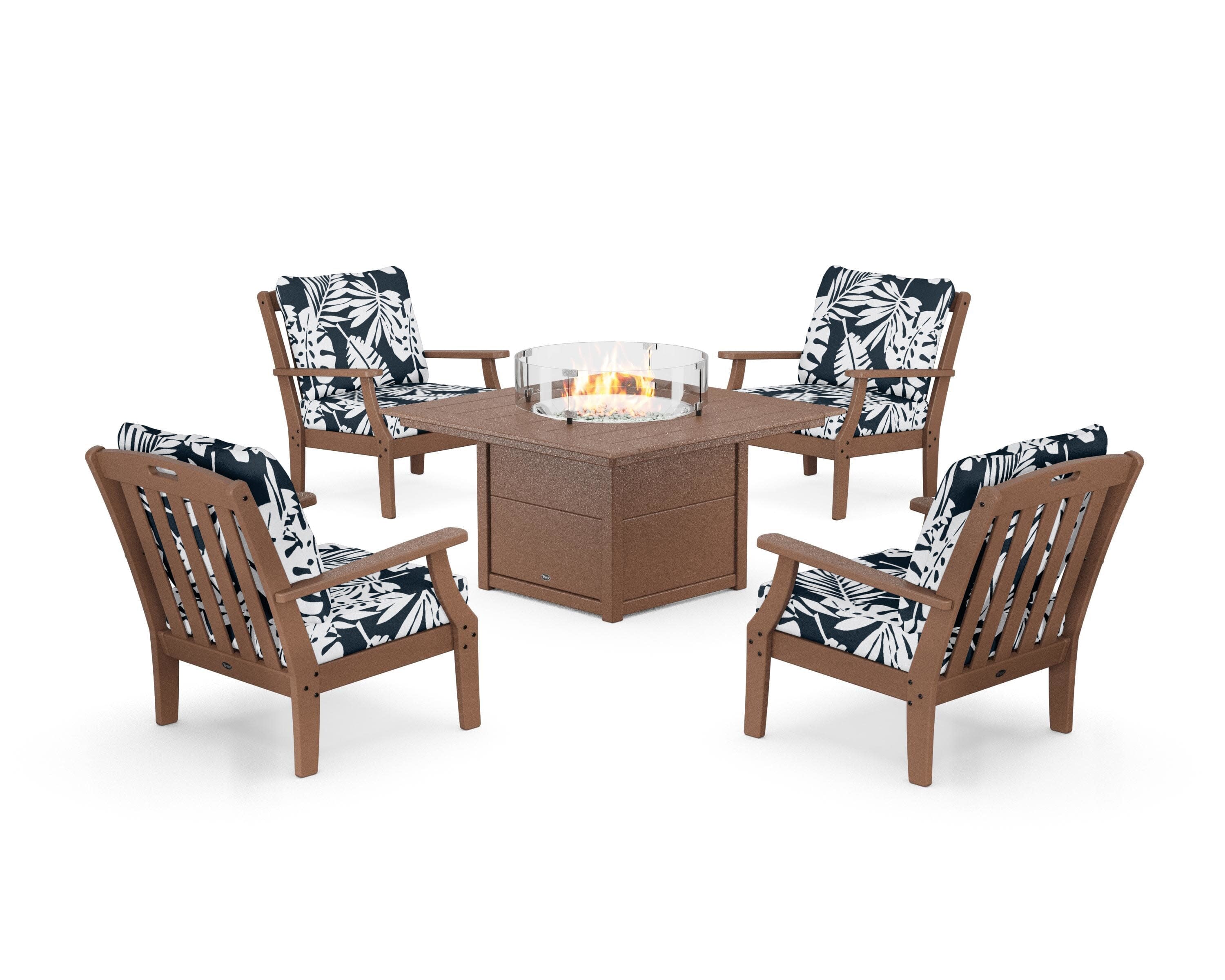 Yacht Club 5-Piece Deep Seating Set with Square Fire Pit Table in Tree House / Leaf Marine Indigo