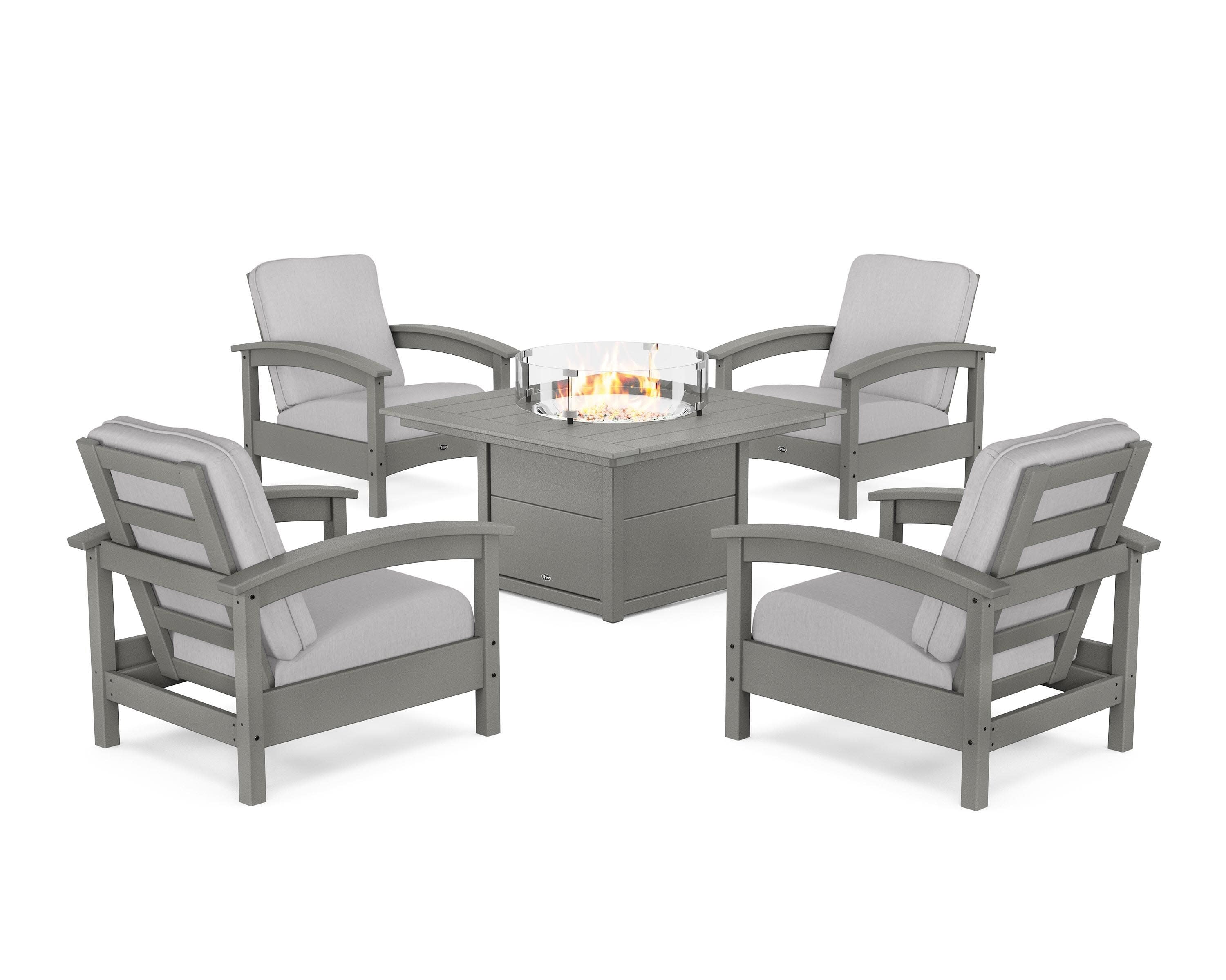 Rockport 5-Piece Deep Seating Set with Square Fire Pit Table in Stepping Stone / Granite