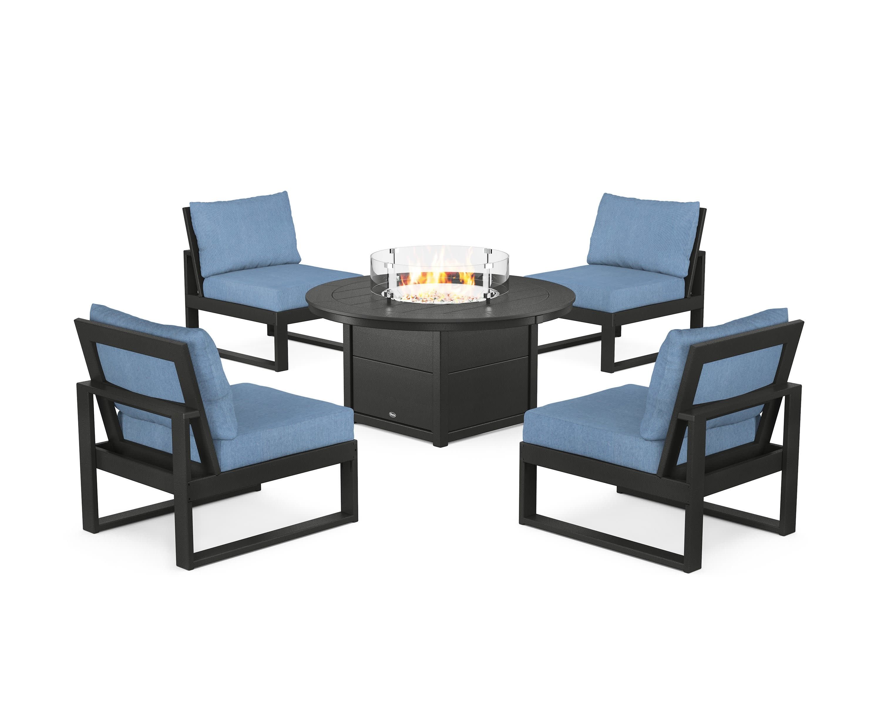 Eastport Modular 5-Piece Deep Seating Set with Round Fire Pit Table in Charcoal Black / Sky Blue