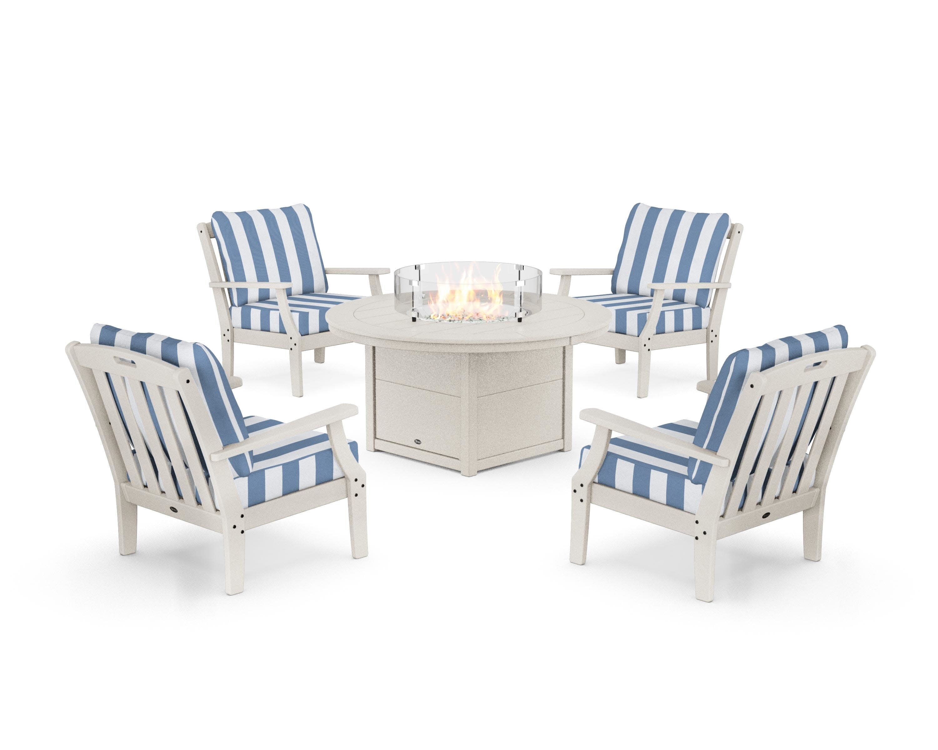 Yacht Club 5-Piece Deep Seating Set with Round Fire Pit Table in Sand Castle / Cabana Stripe Sky Blue