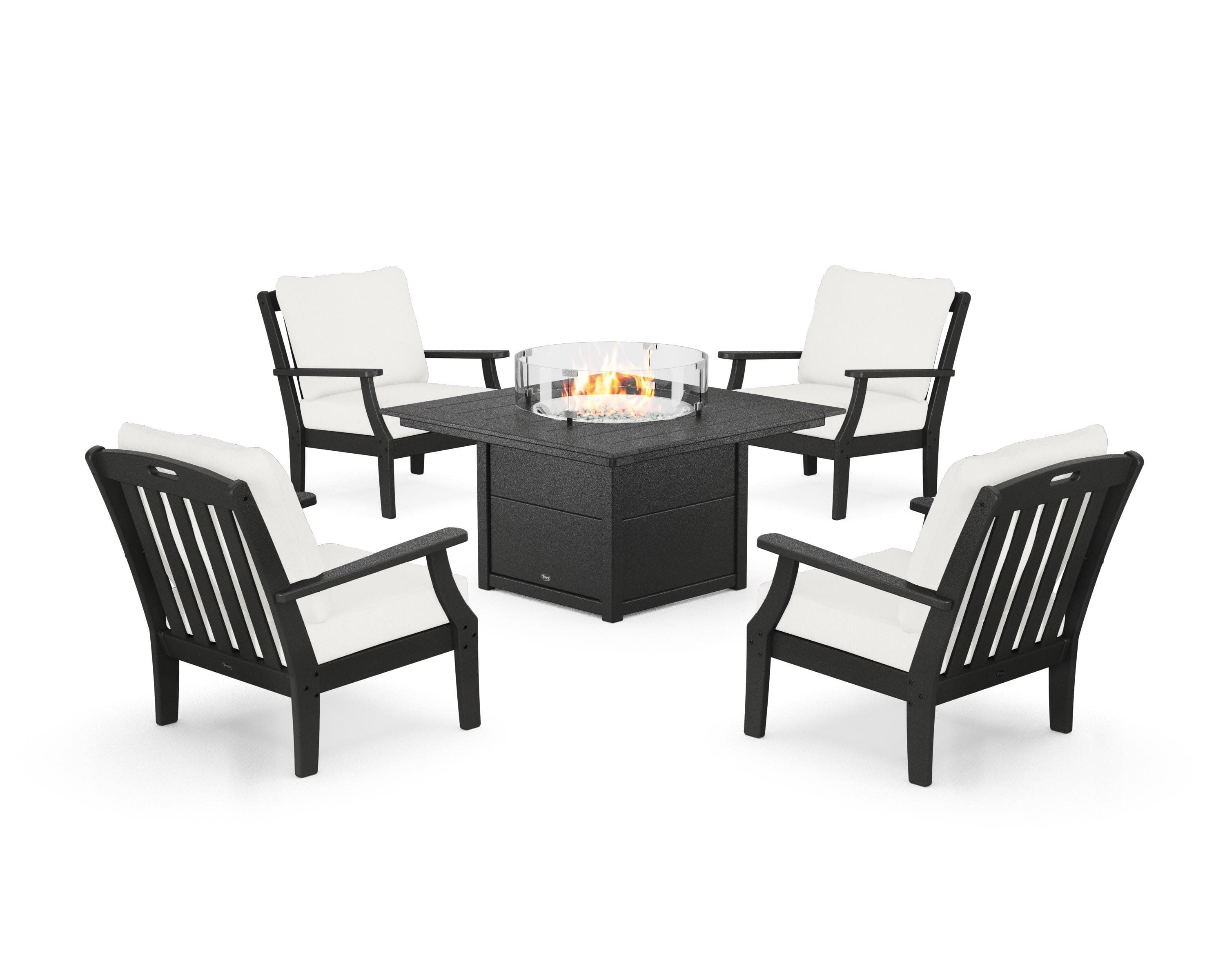 Yacht Club 5-Piece Deep Seating Set with Square Fire Pit Table in Charcoal Black / Natural Linen