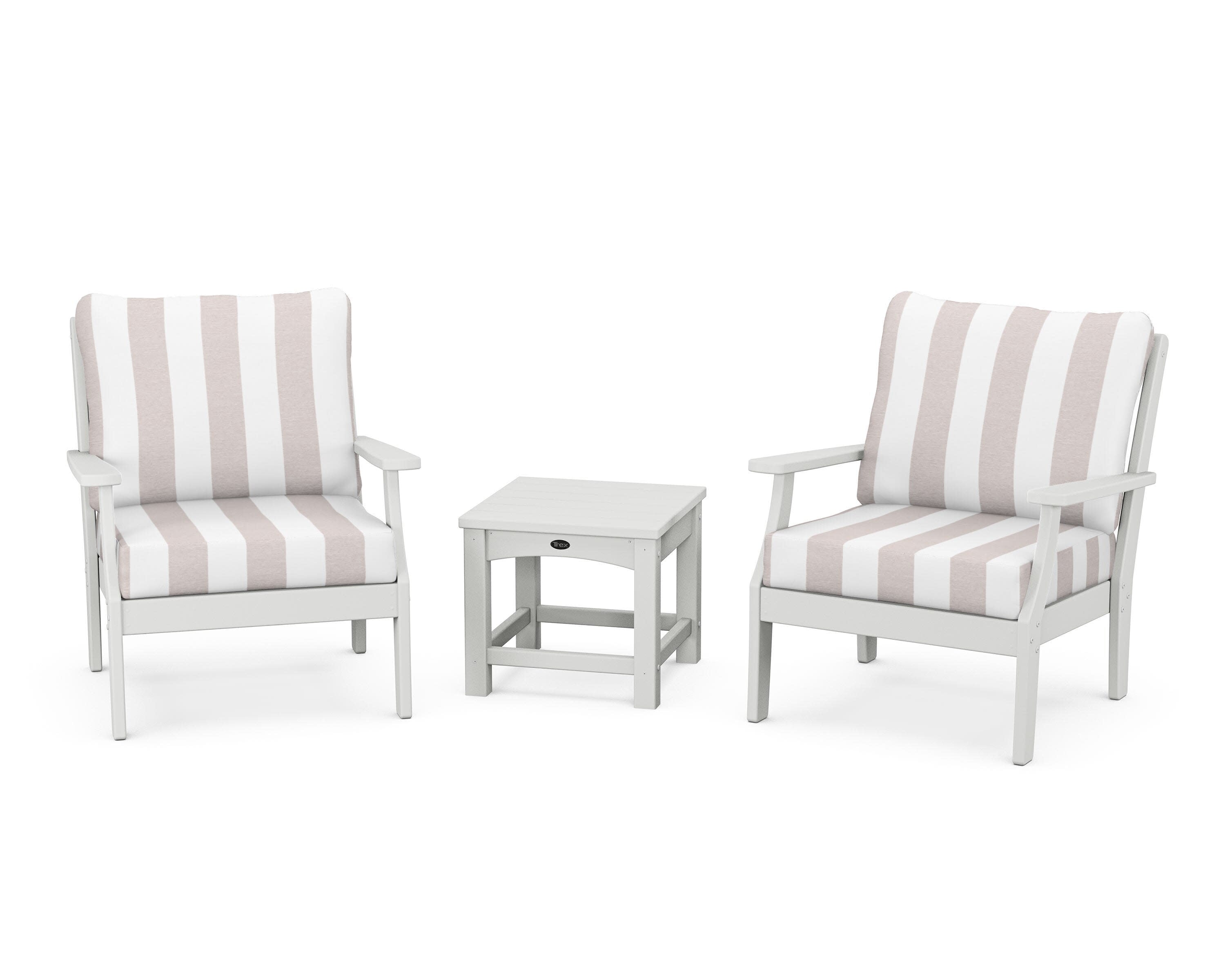Yacht Club 3-Piece Deep Seating Set in Classic White / Cabana Stripe Dune Burlap