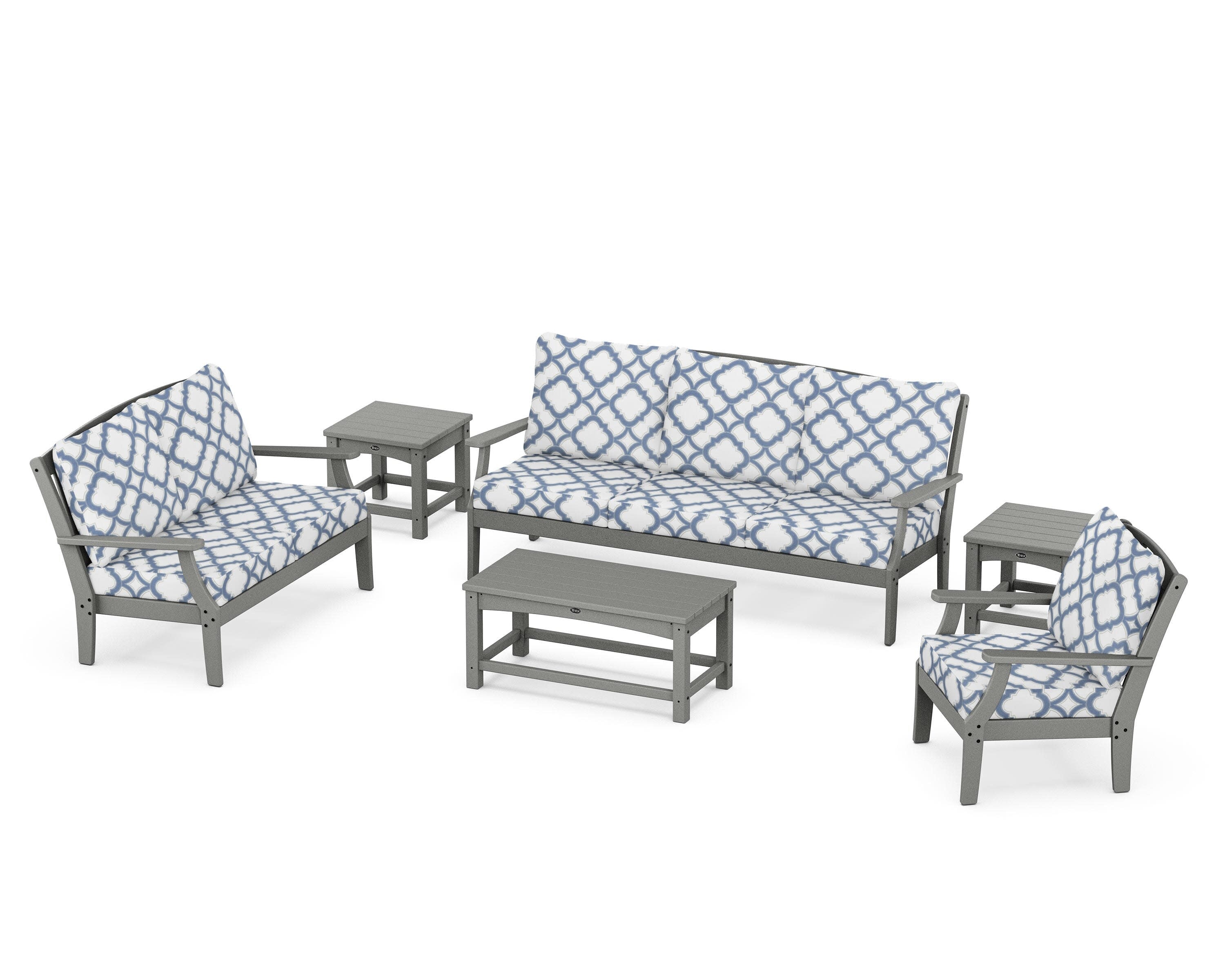 Yacht Club 6-Piece Deep Seating Set in Stepping Stone / Trellis Sky Blue