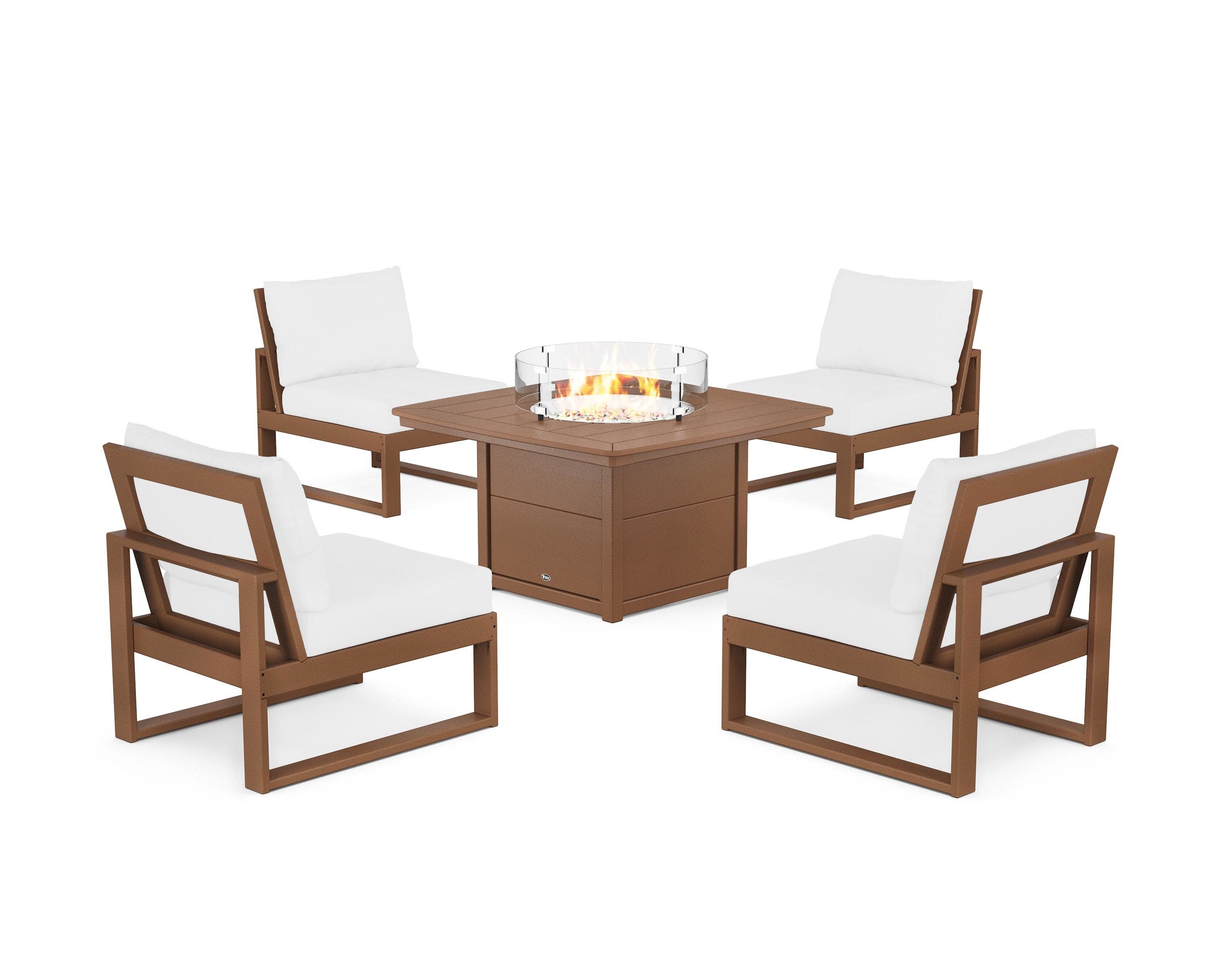 Eastport Modular 5-Piece Deep Seating Set with Yacht Club Fire Pit Table in Tree House / Natural