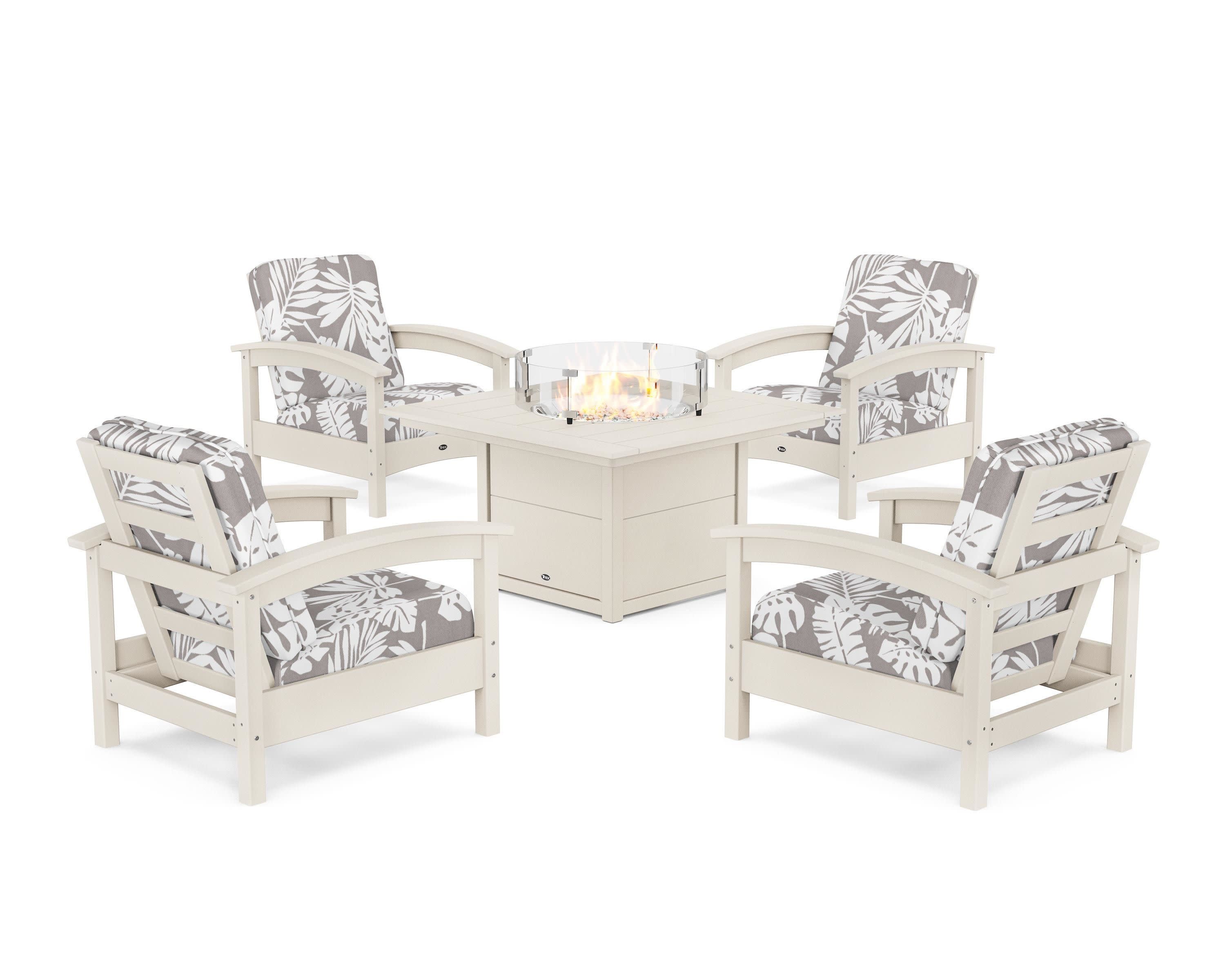 Rockport 5-Piece Deep Seating Set with Square Fire Pit Table in Sand Castle / Leaf Grey Mist