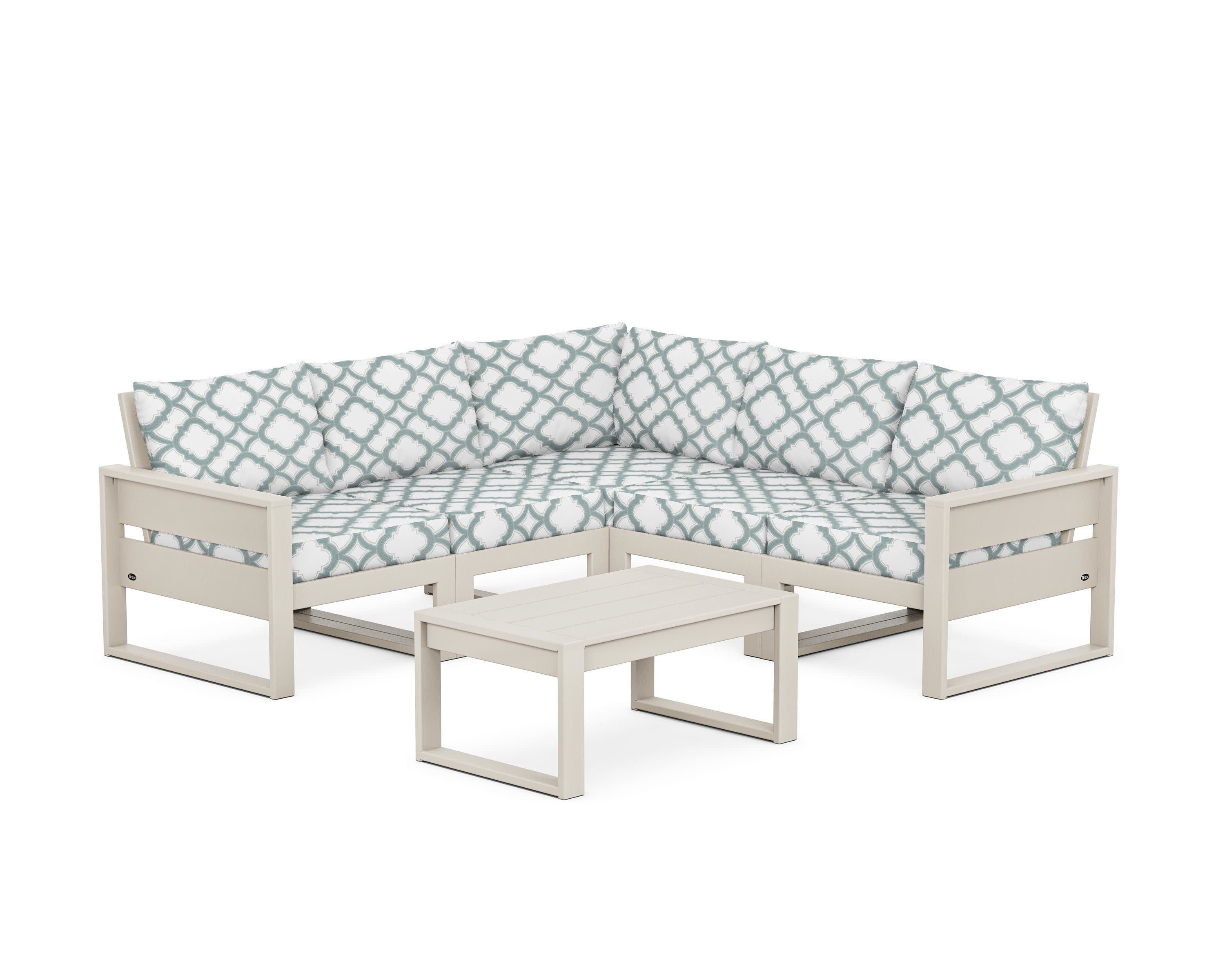 Eastport 6-Piece Deep Seating Sectional + Coffee Table Set in Sand Castle / Trellis Glacier Spa