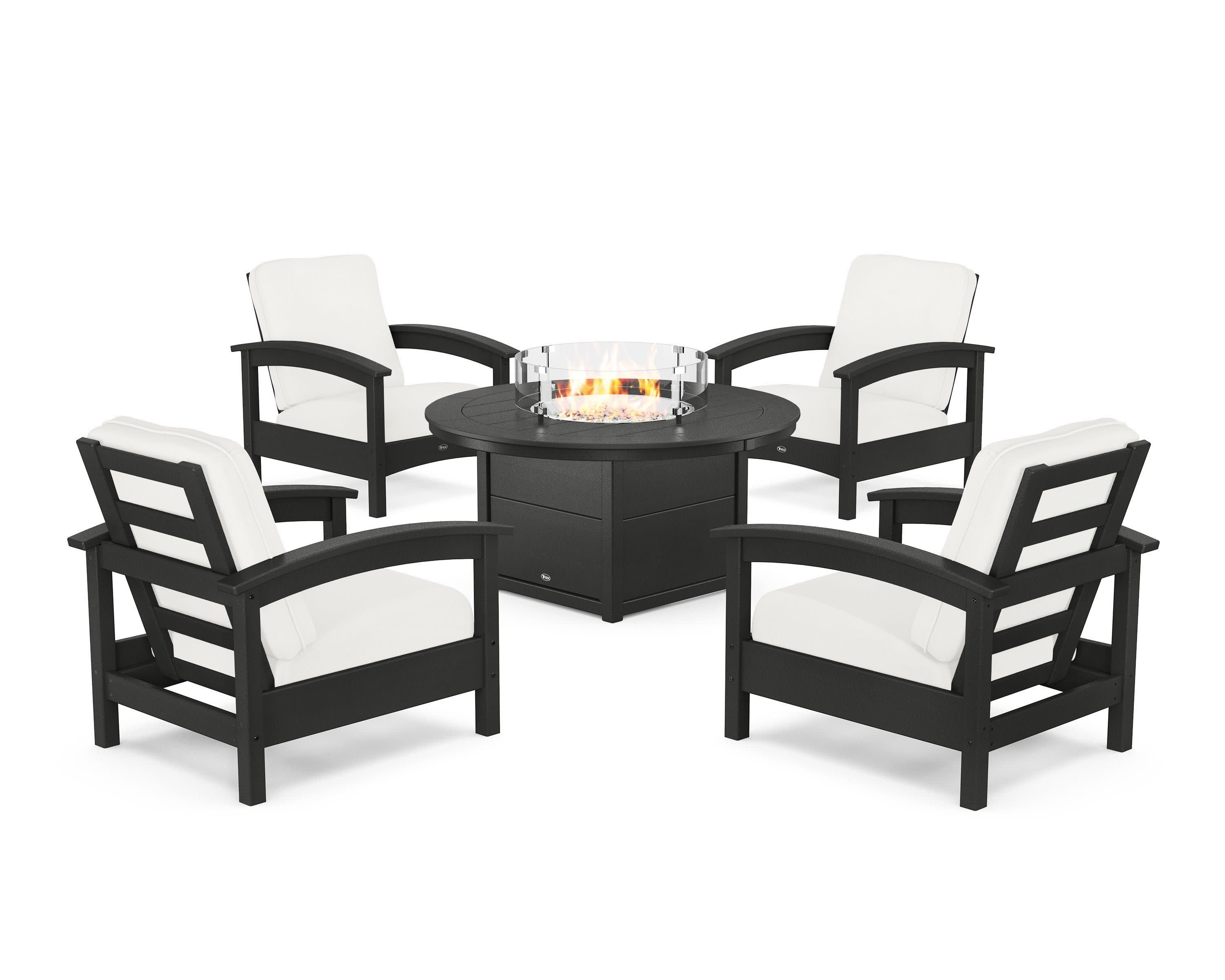 Rockport 5-Piece Deep Seating Set with Round Fire Pit Table in Charcoal Black / Natural Linen
