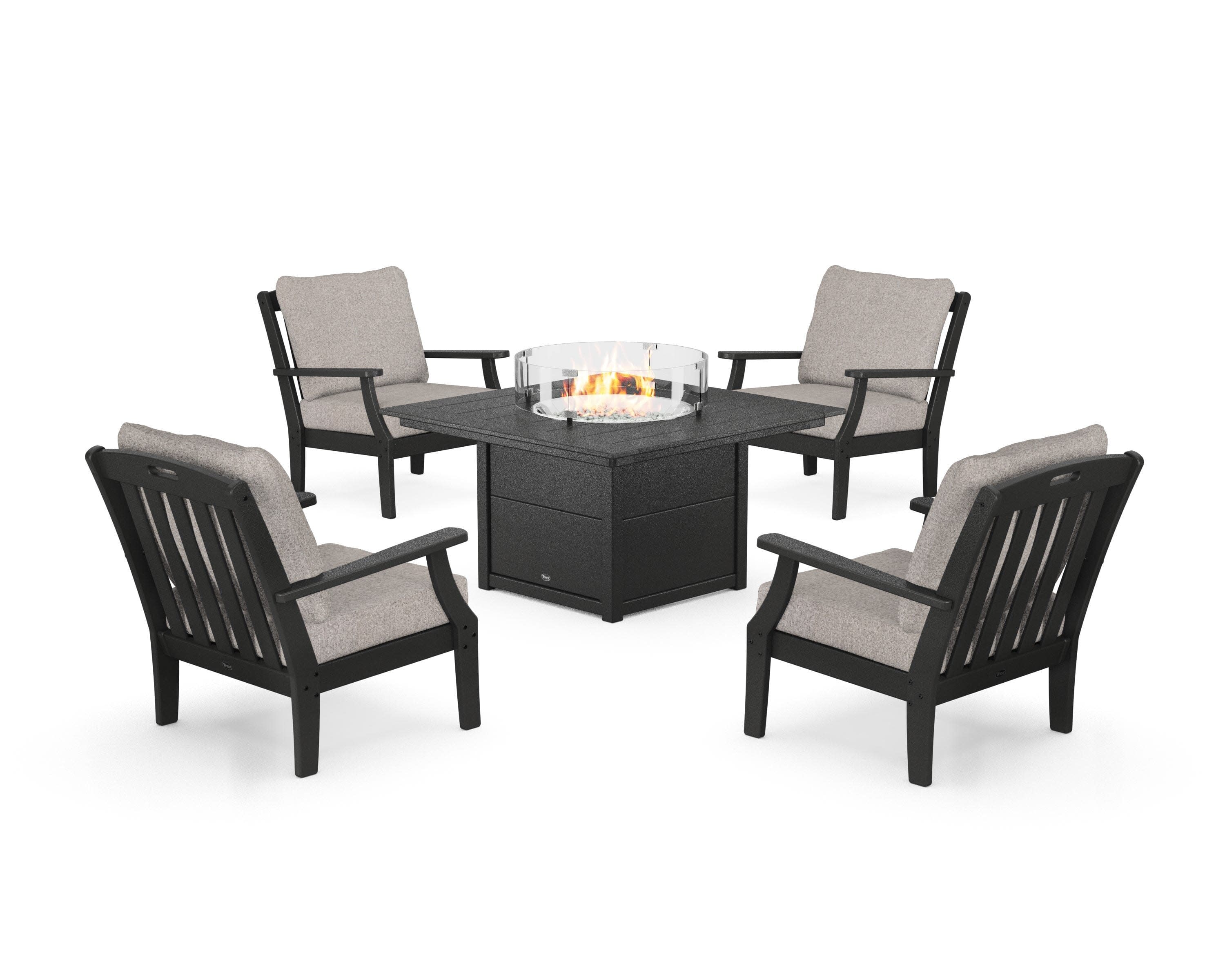 Yacht Club 5-Piece Deep Seating Set with Square Fire Pit Table in Charcoal Black / Weathered Tweed