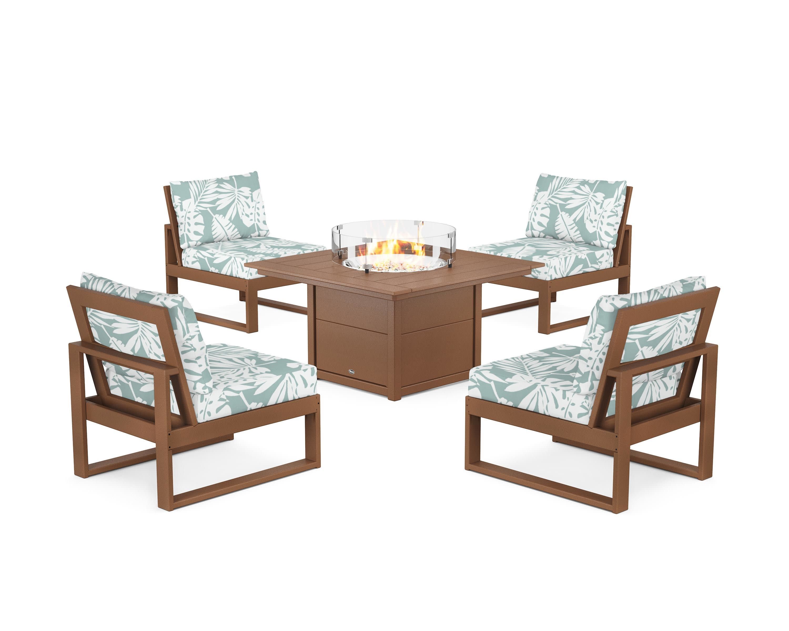 Eastport Modular 5-Piece Deep Seating Set with Square Fire Pit Table in Tree House / Leaf Glacier Spa