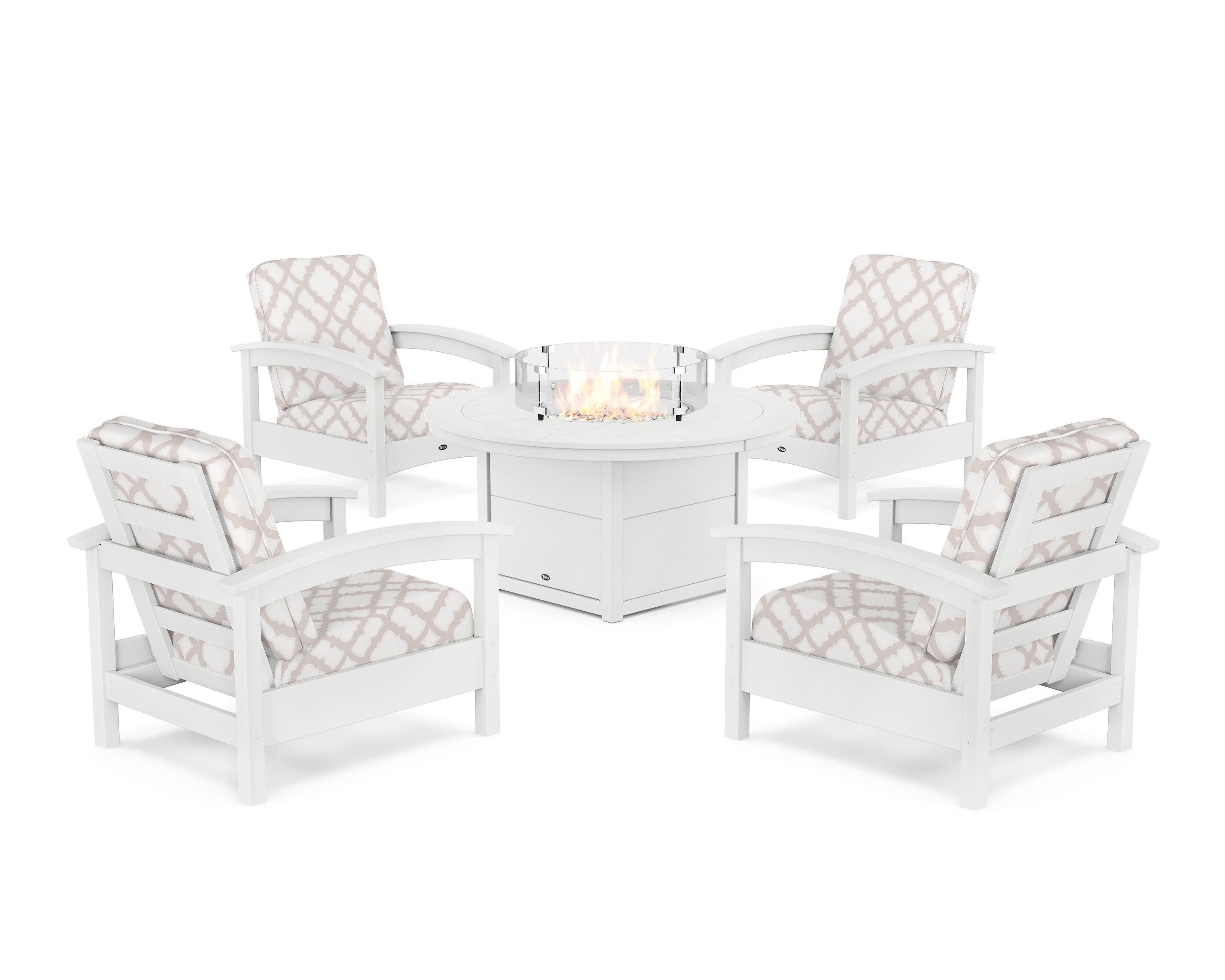 Rockport 5-Piece Deep Seating Set with Round Fire Pit Table in Classic White / Trellis Dune Burlap