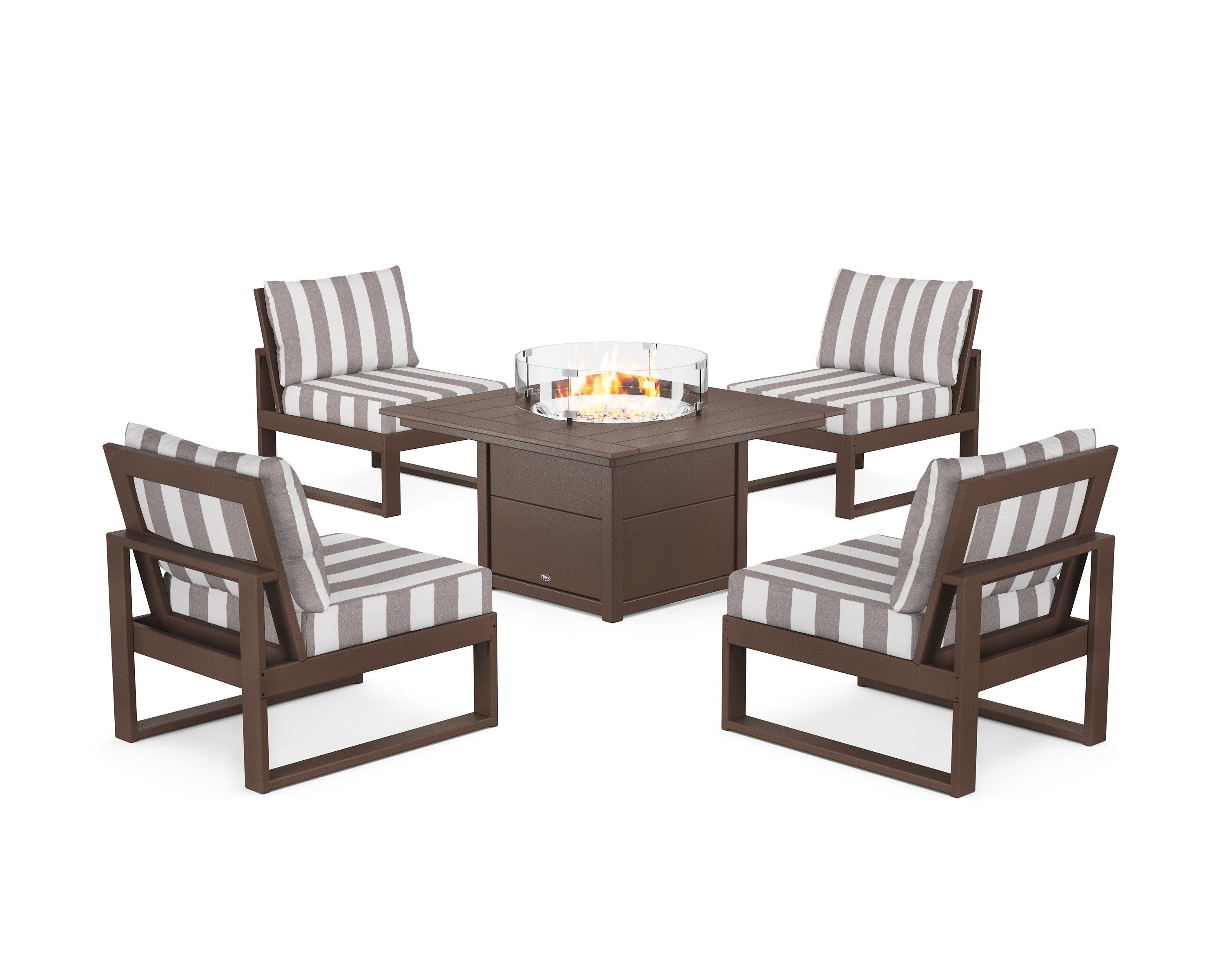 Eastport Modular 5-Piece Deep Seating Set with Square Fire Pit Table in Vintage Lantern / Cabana Stripe Grey Mist