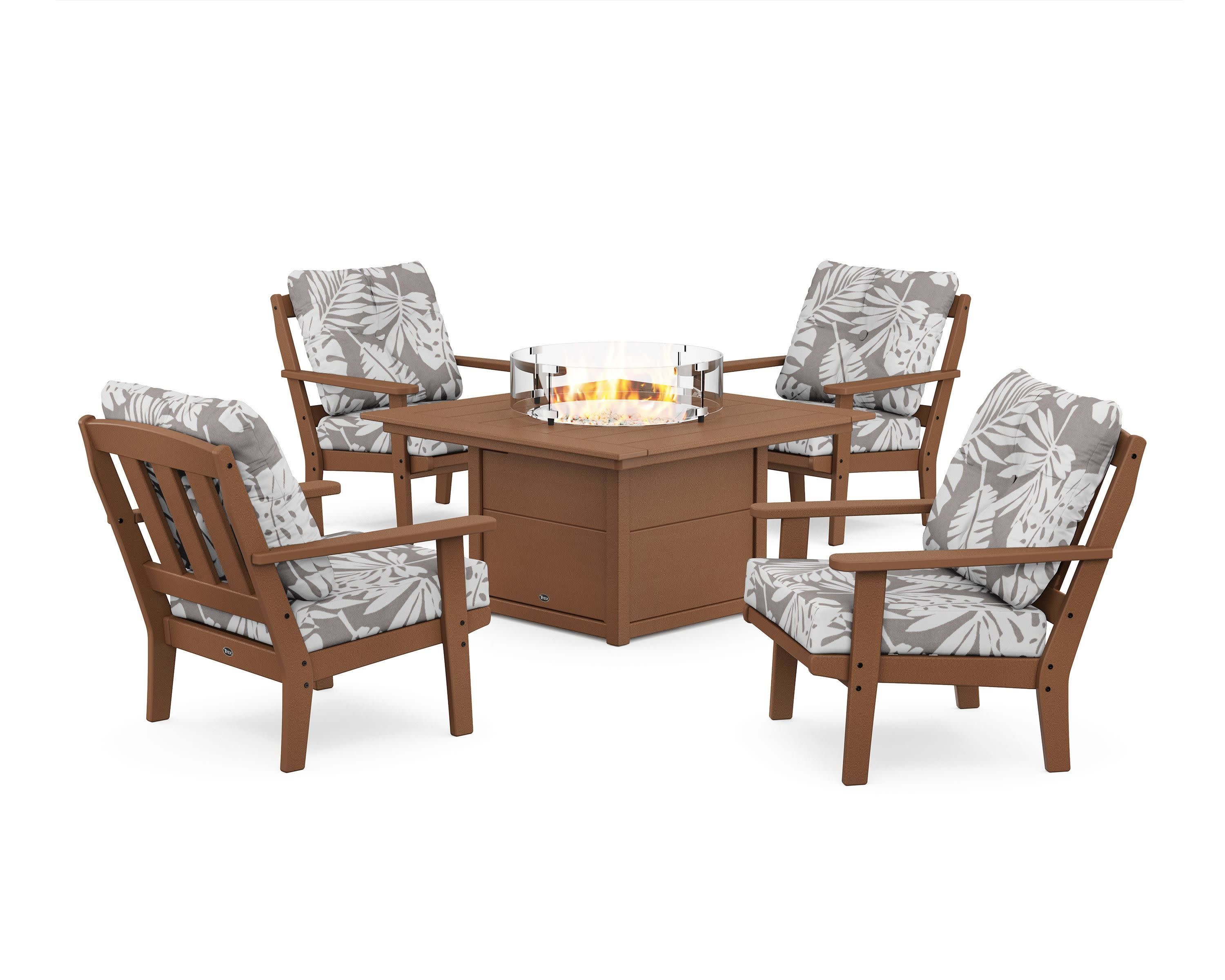 Cape Cod 5-Piece Deep Seating Set with Fire Pit Table in Tree House / Leaf Grey Mist