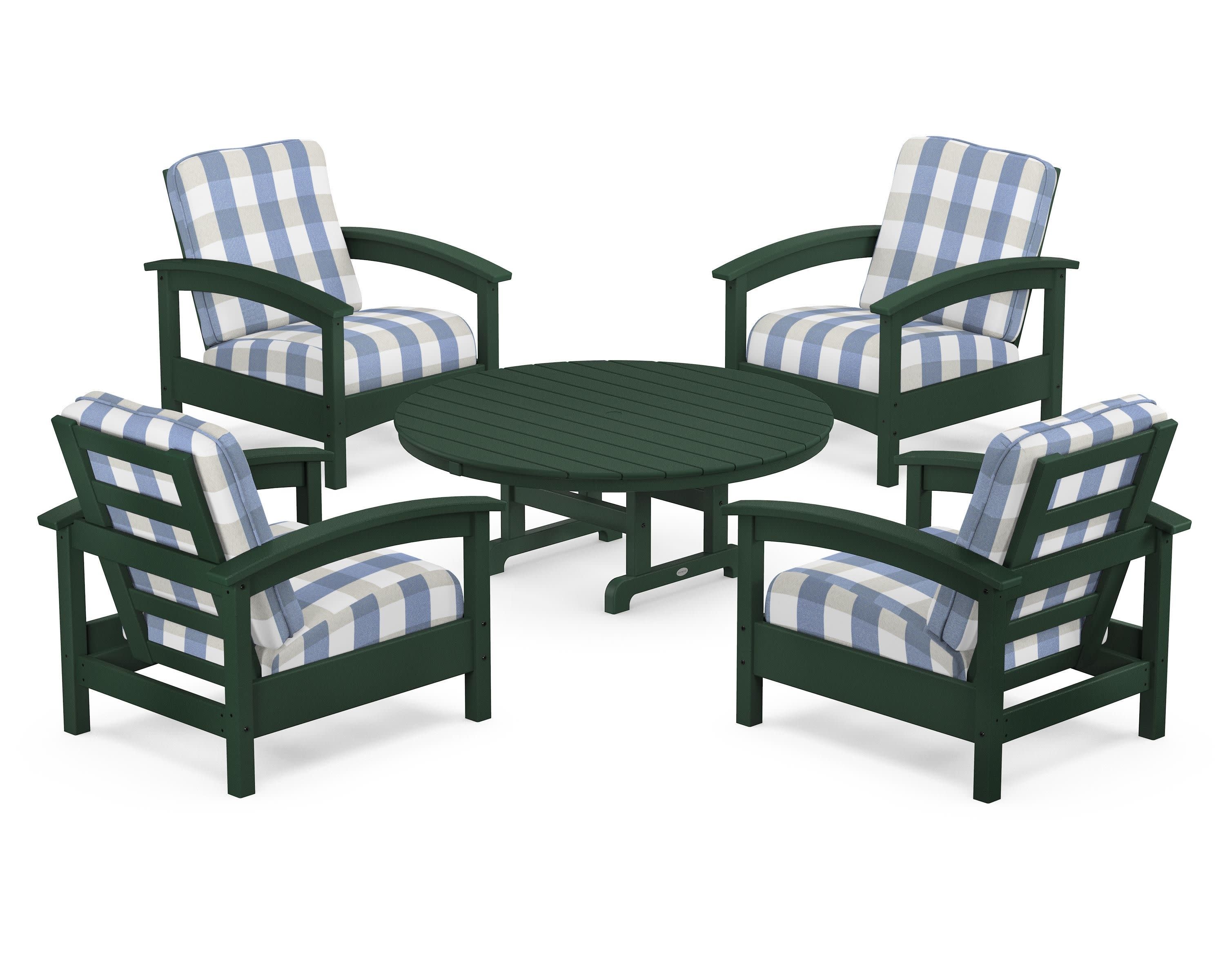 Rockport 5-Piece Deep Seating Set in Rainforest Canopy / Buffalo Plaid Sky Blue