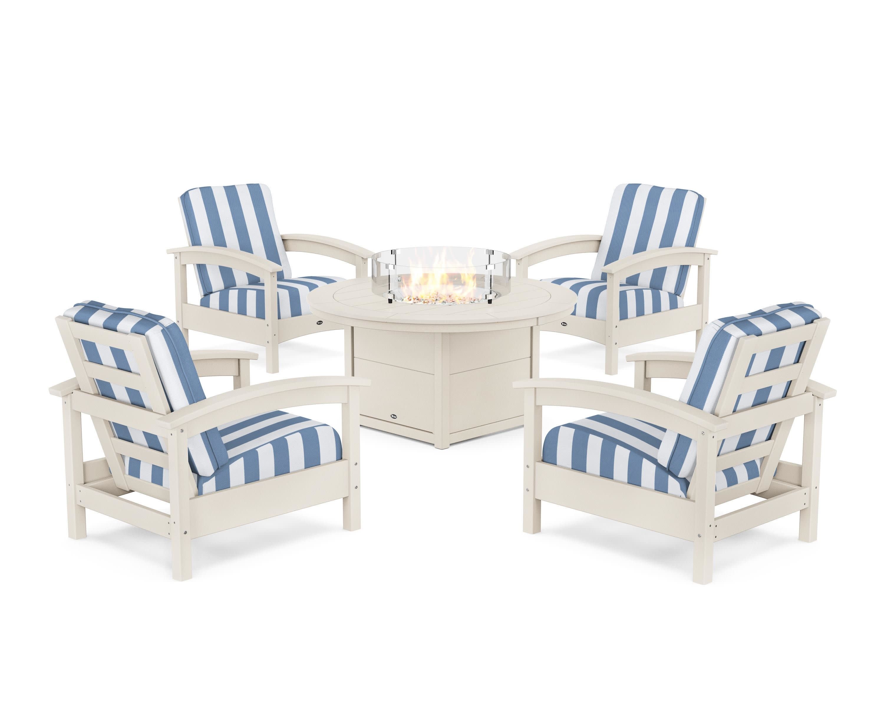 Rockport 5-Piece Deep Seating Set with Round Fire Pit Table in Sand Castle / Cabana Stripe Sky Blue