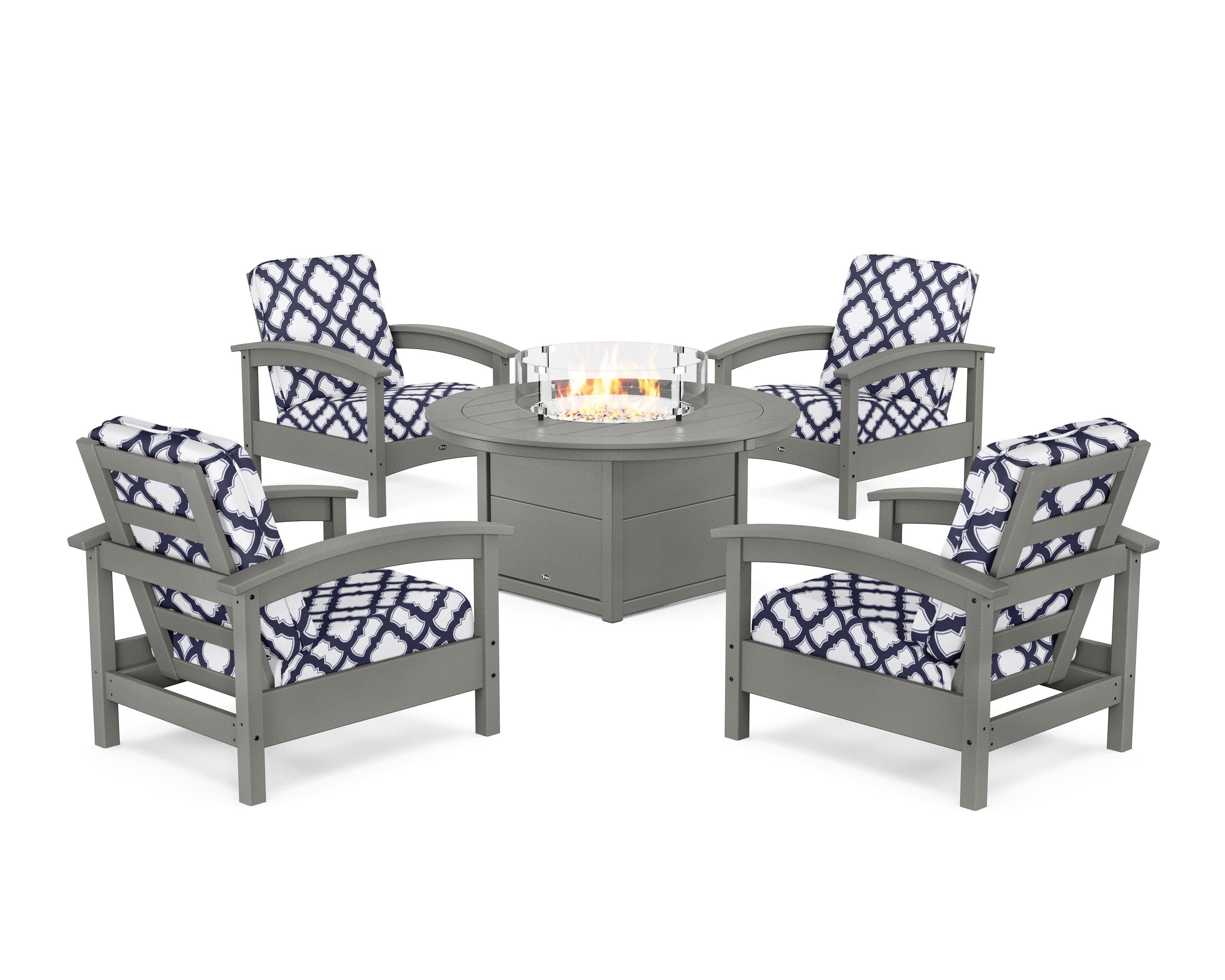 Rockport 5-Piece Deep Seating Set with Round Fire Pit Table in Stepping Stone / Trellis Navy