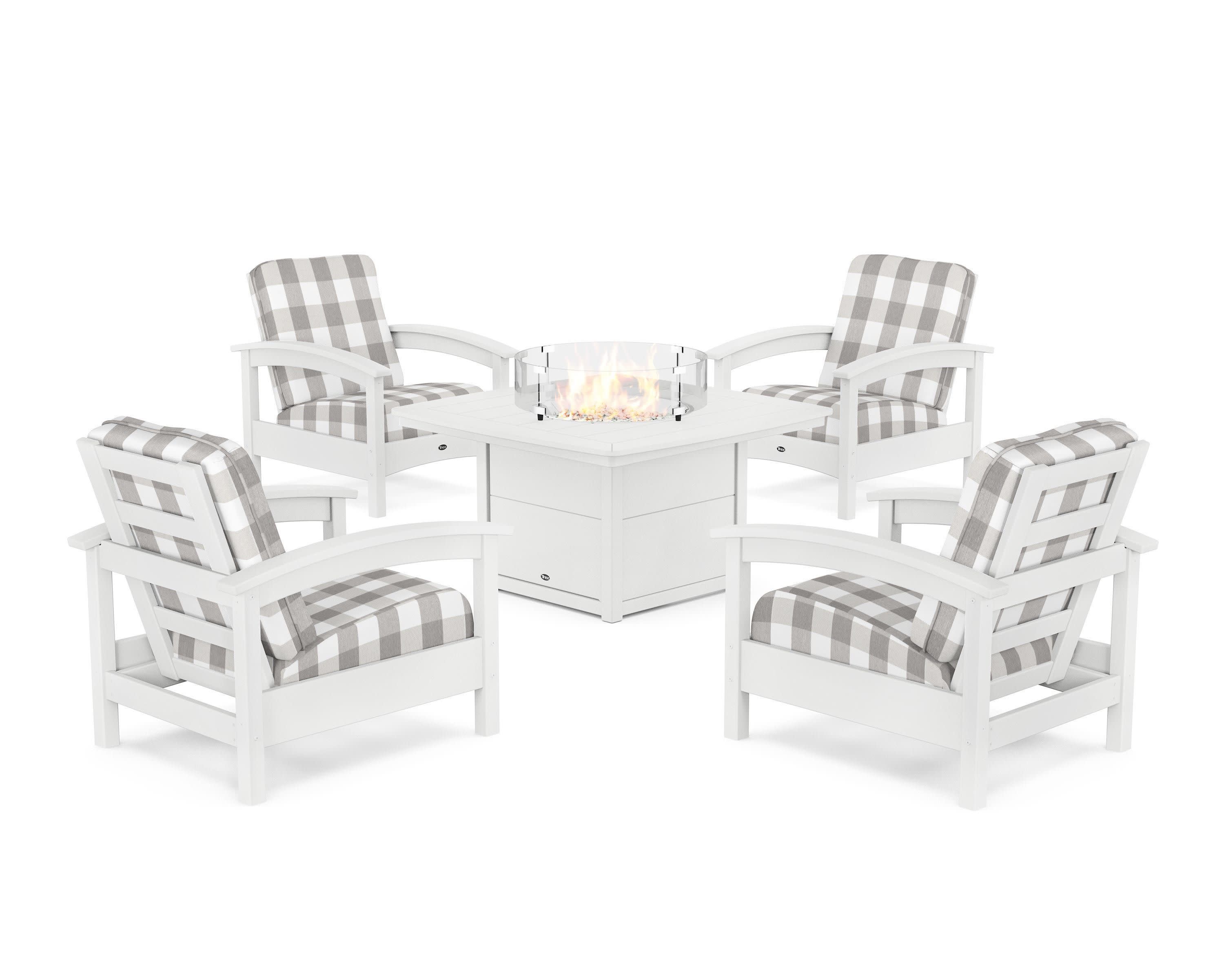 Rockport 5-Piece Deep Seating Set with Yacht Club Fire Pit Table in Classic White / Buffalo Plaid Grey Mist