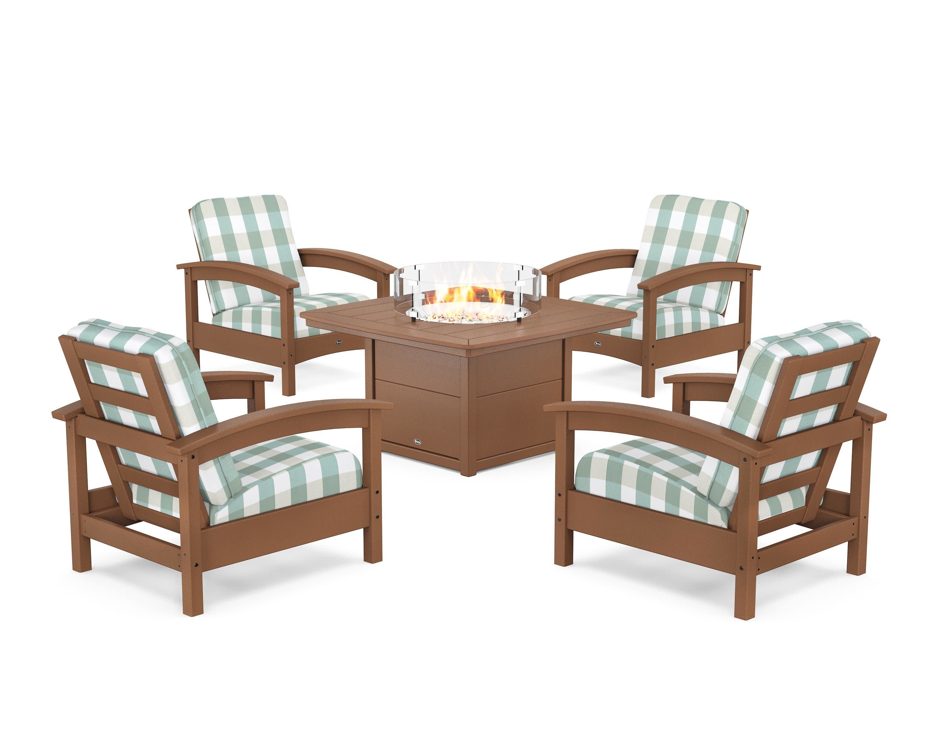 Rockport 5-Piece Deep Seating Set with Yacht Club Fire Pit Table in Tree House / Buffalo Plaid Glacier Spa