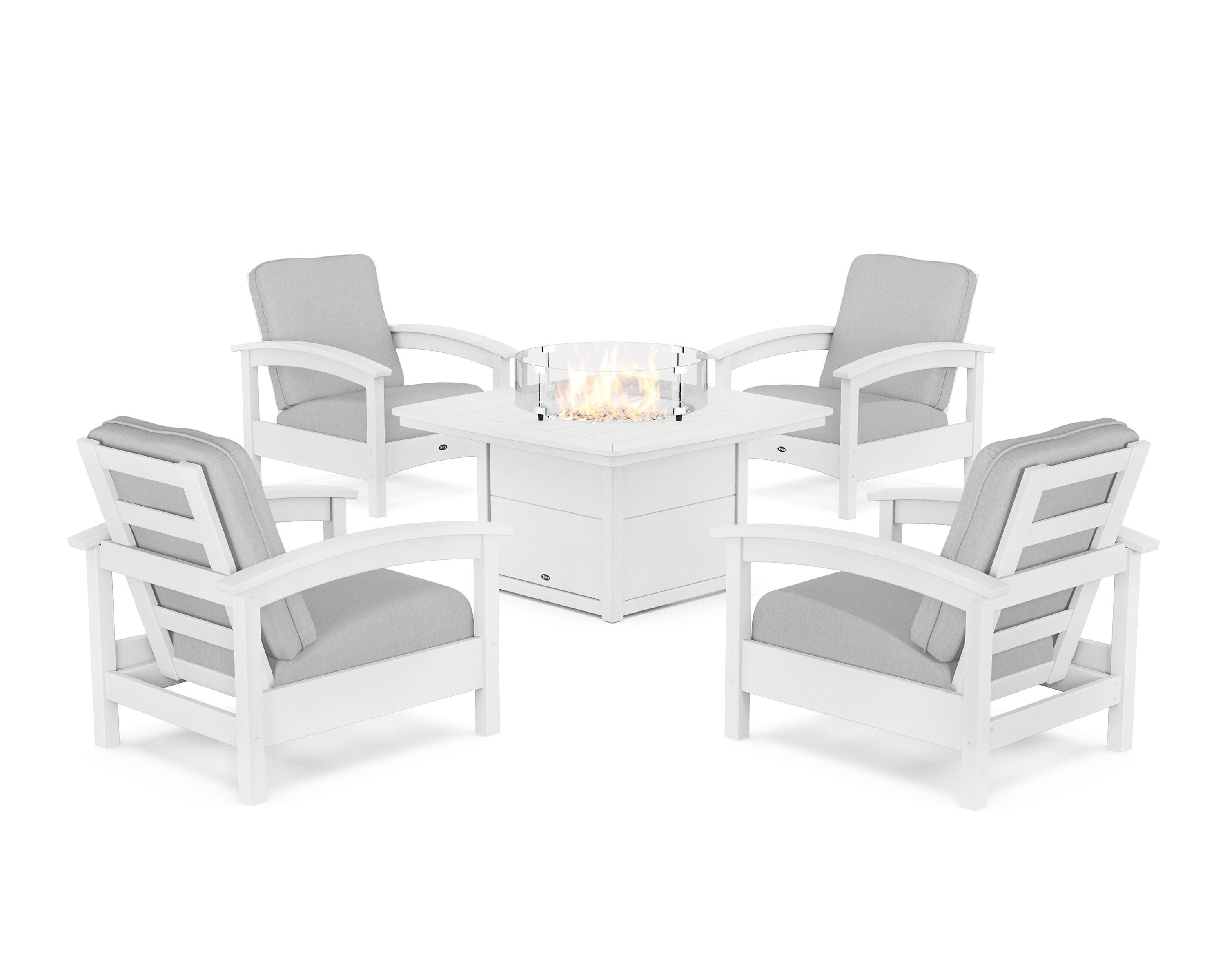 Rockport 5-Piece Deep Seating Set with Yacht Club Fire Pit Table in Classic White / Granite