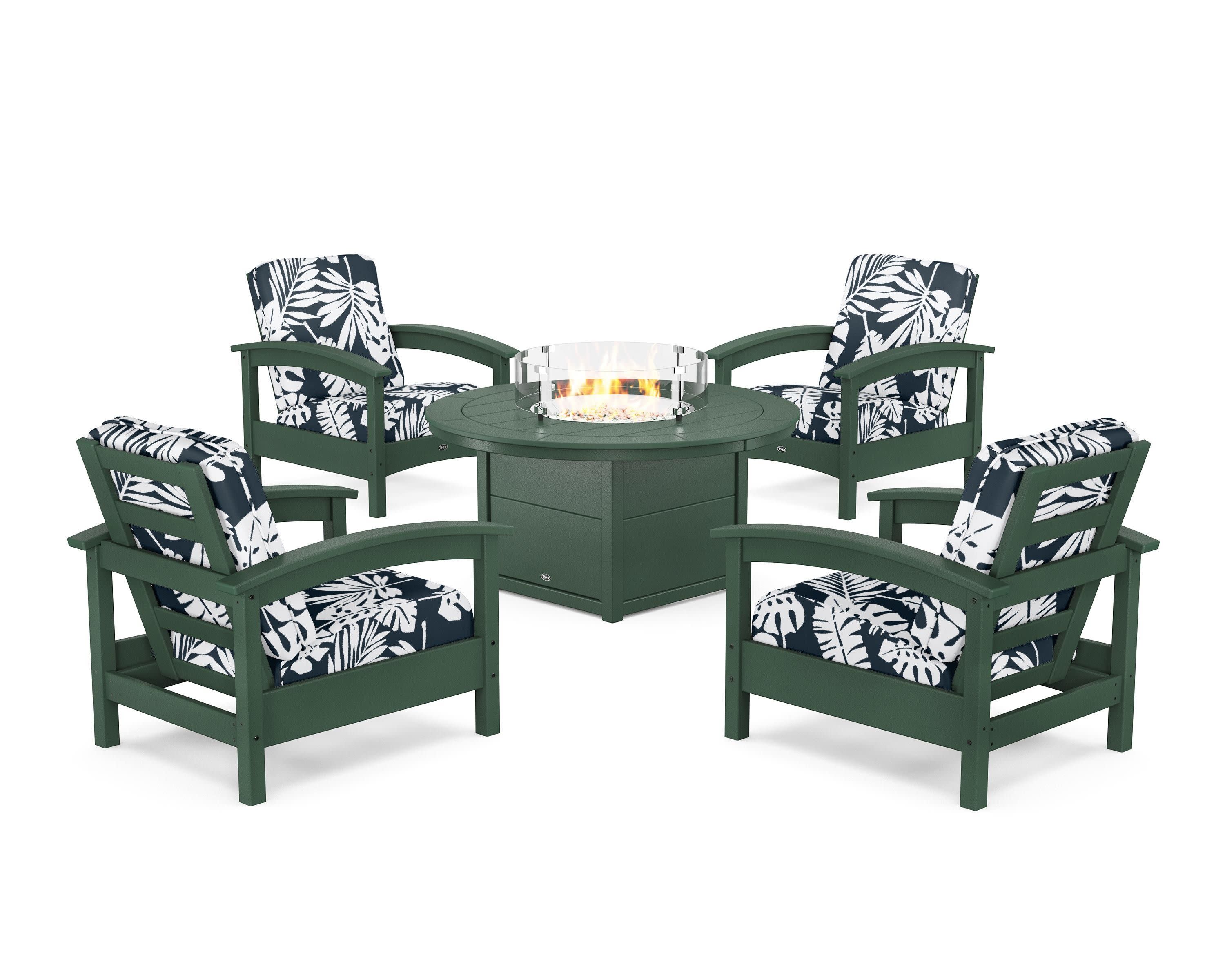 Rockport 5-Piece Deep Seating Set with Round Fire Pit Table in Rainforest Canopy / Leaf Marine Indigo