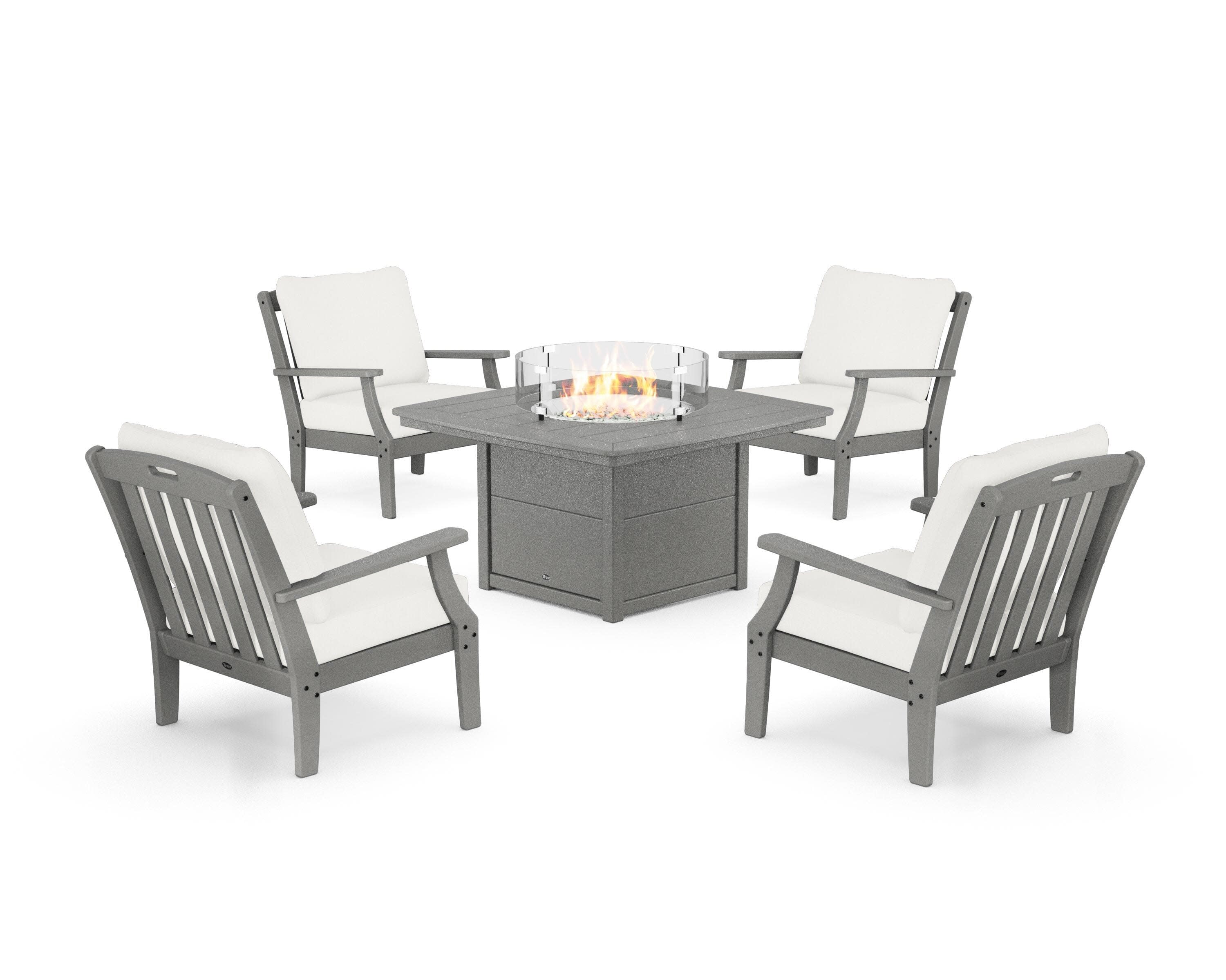 Yacht Club 5-Piece Deep Seating Set with Fire Pit Table in Stepping Stone / Natural Linen