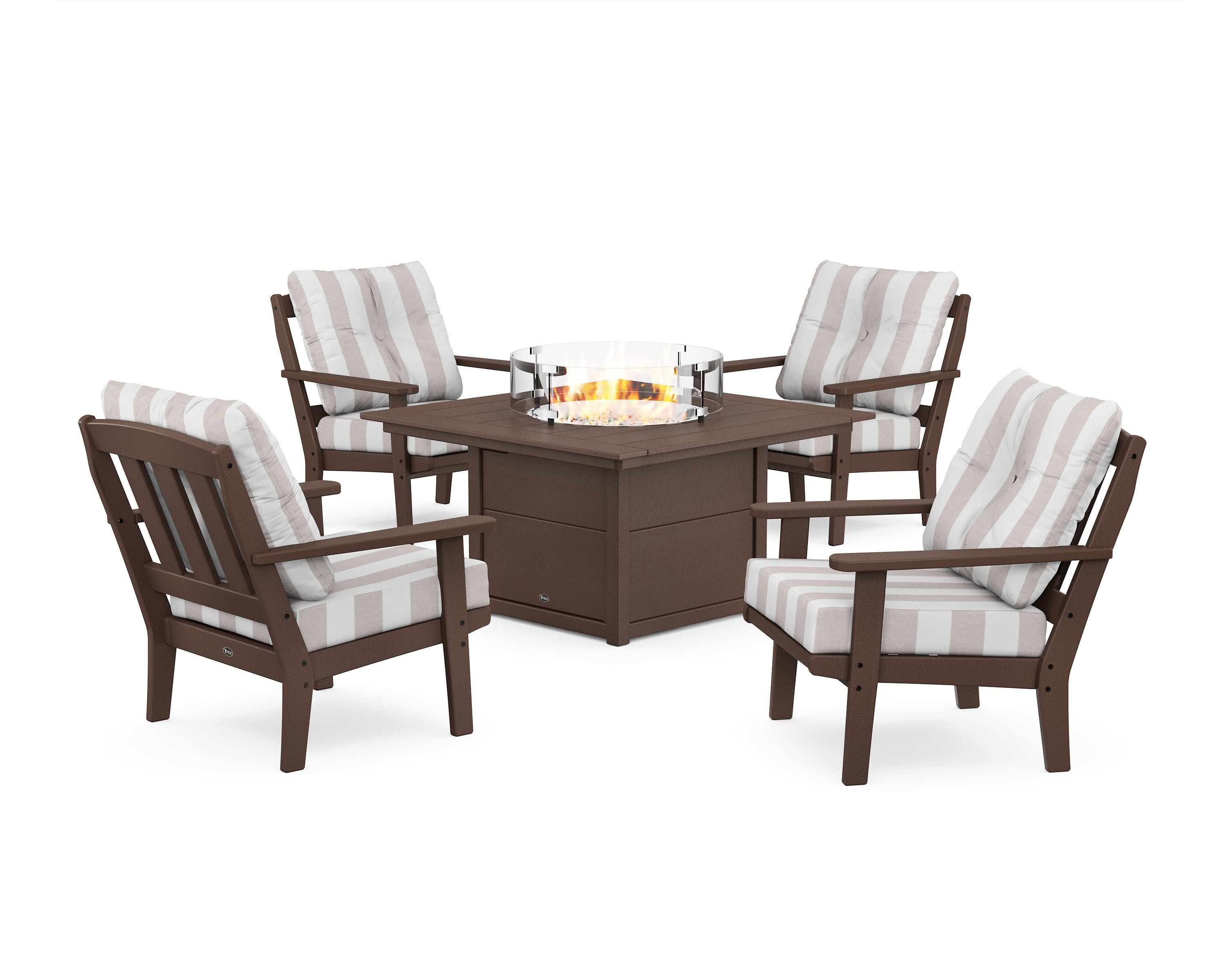 Cape Cod 5-Piece Deep Seating Set with Fire Pit Table in Vintage Lantern / Cabana Stripe Dune Burlap