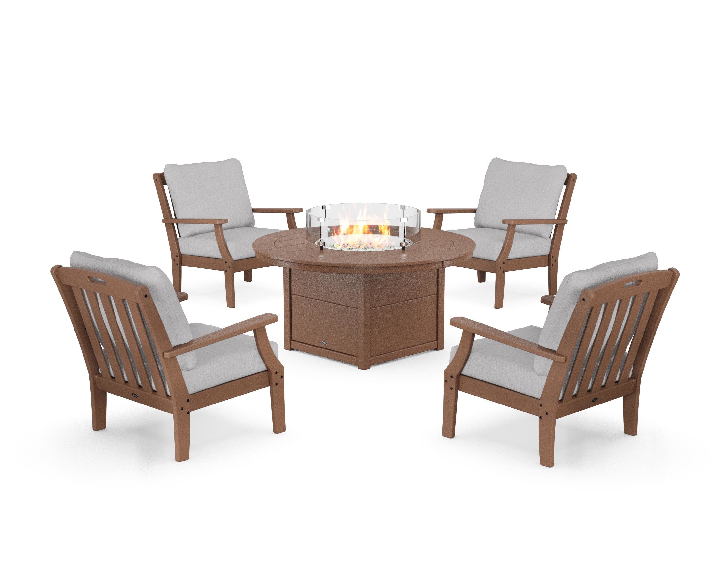 Yacht Club 5-Piece Deep Seating Set with Round Fire Pit Table in Tree House / Granite