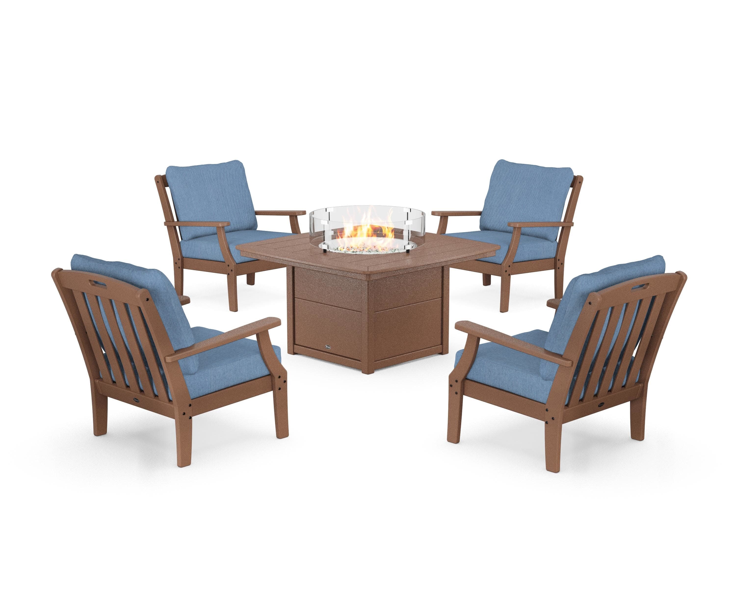 Yacht Club 5-Piece Deep Seating Set with Fire Pit Table in Tree House / Sky Blue