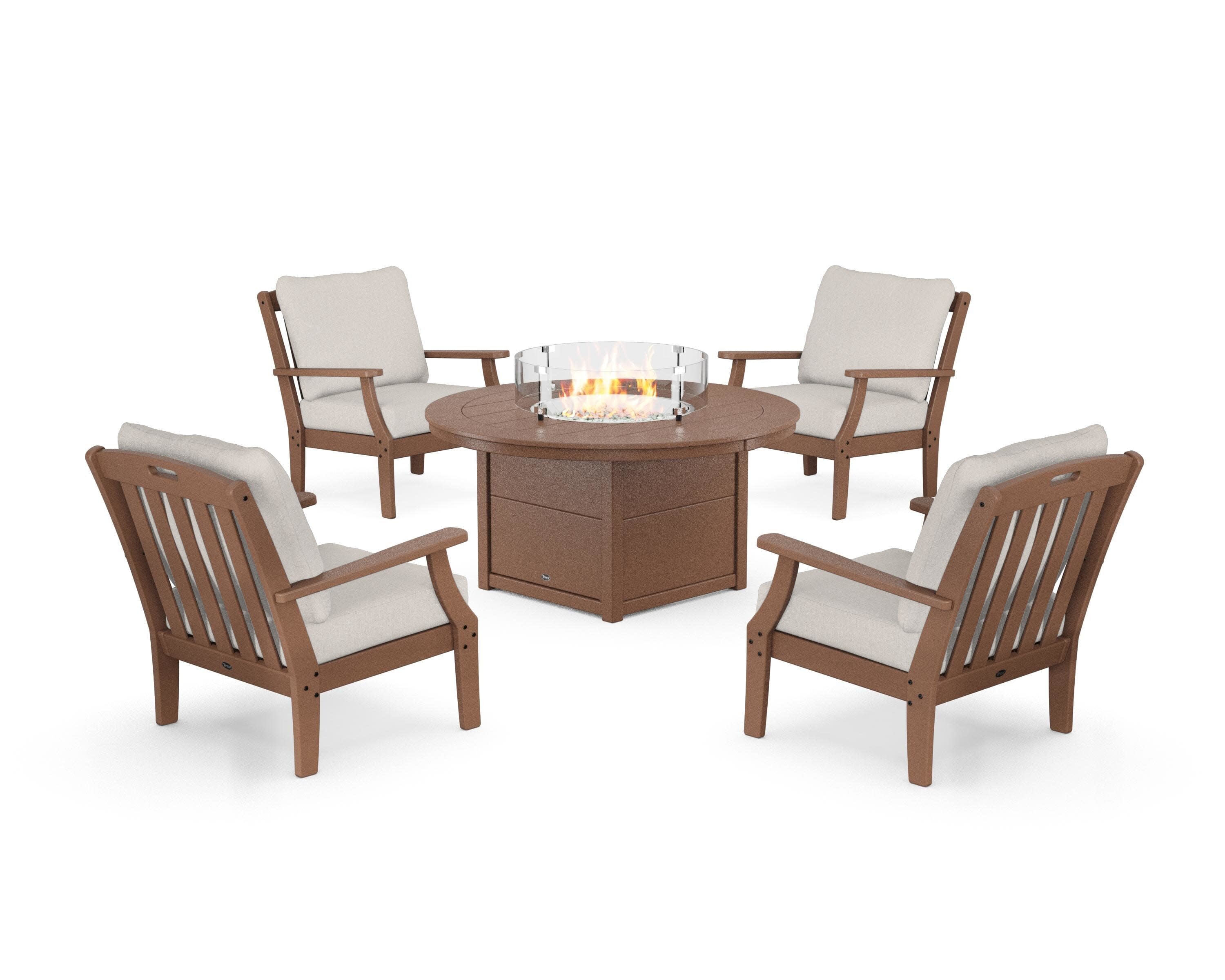 Yacht Club 5-Piece Deep Seating Set with Round Fire Pit Table in Tree House / Cast Ash