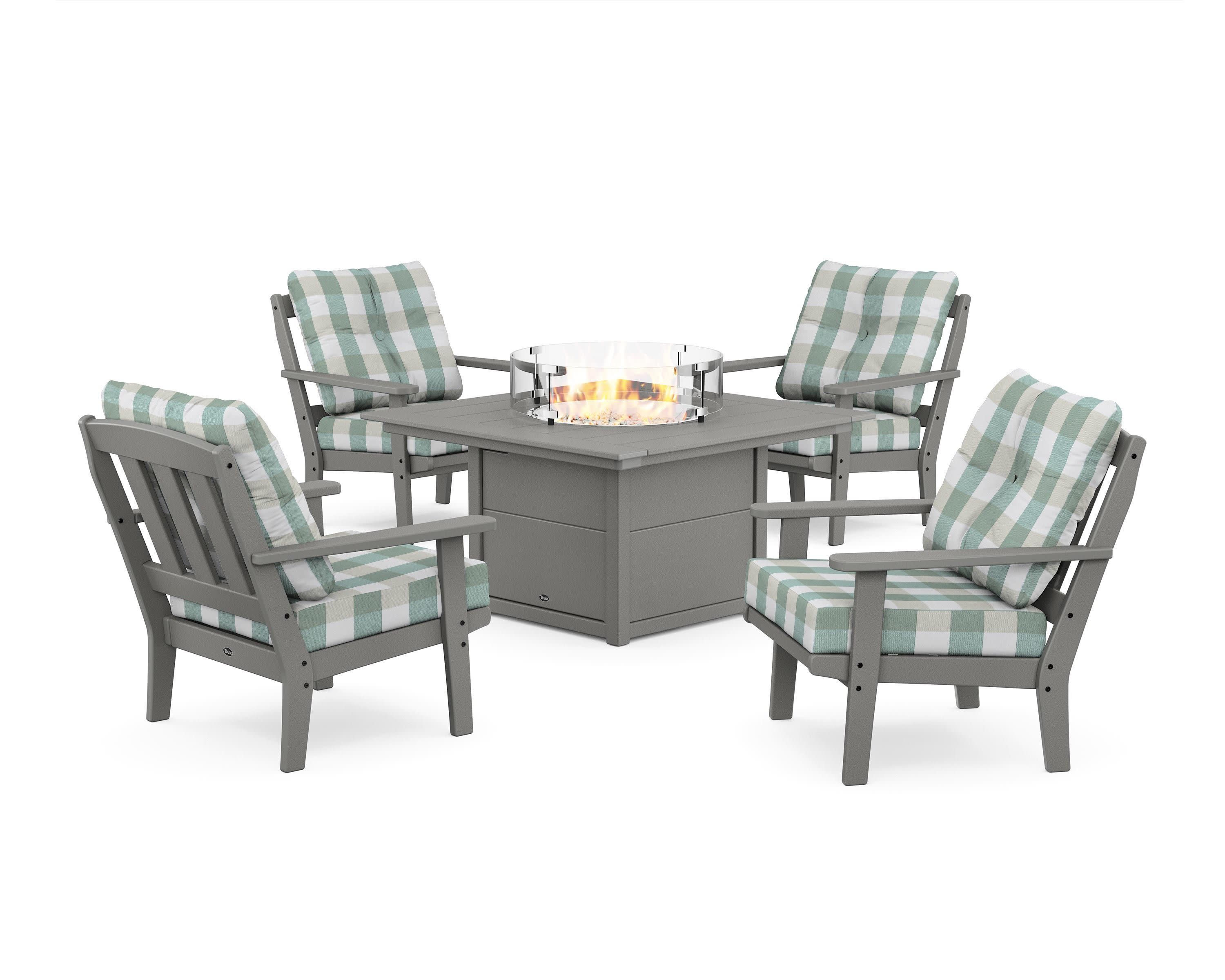 Cape Cod 5-Piece Deep Seating Set with Fire Pit Table in Stepping Stone / Buffalo Plaid Glacier Spa