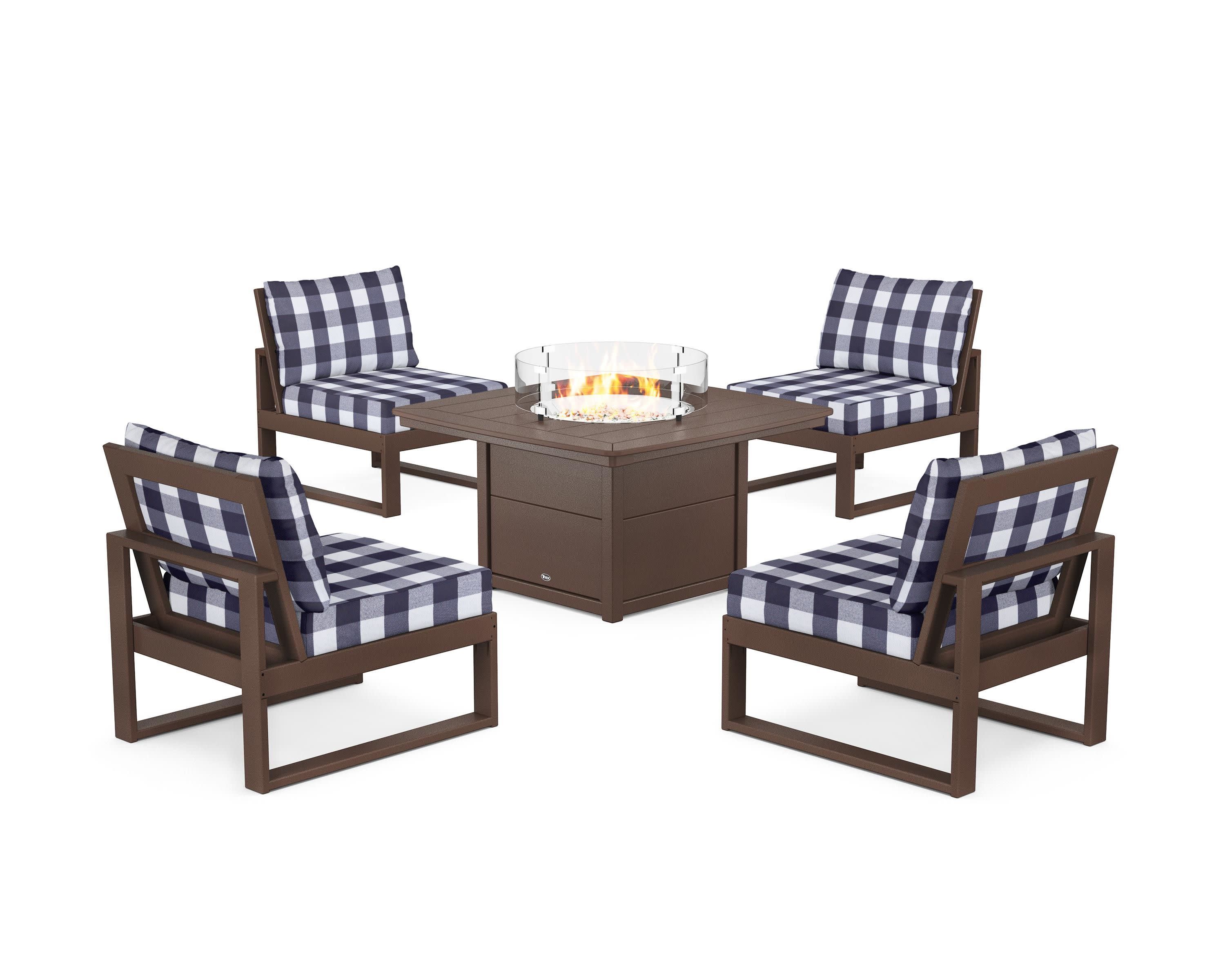 Eastport Modular 5-Piece Deep Seating Set with Yacht Club Fire Pit Table in Vintage Lantern / Buffalo Plaid Navy