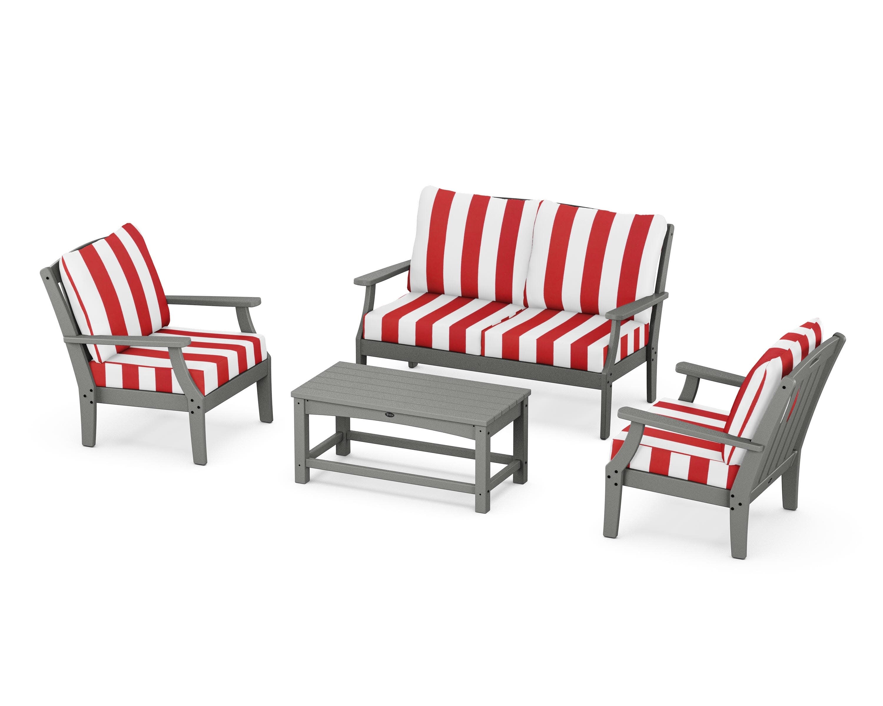 Yacht Club 4-Piece Deep Seating Chair Set in Stepping Stone / Cabana Stripe Crimson