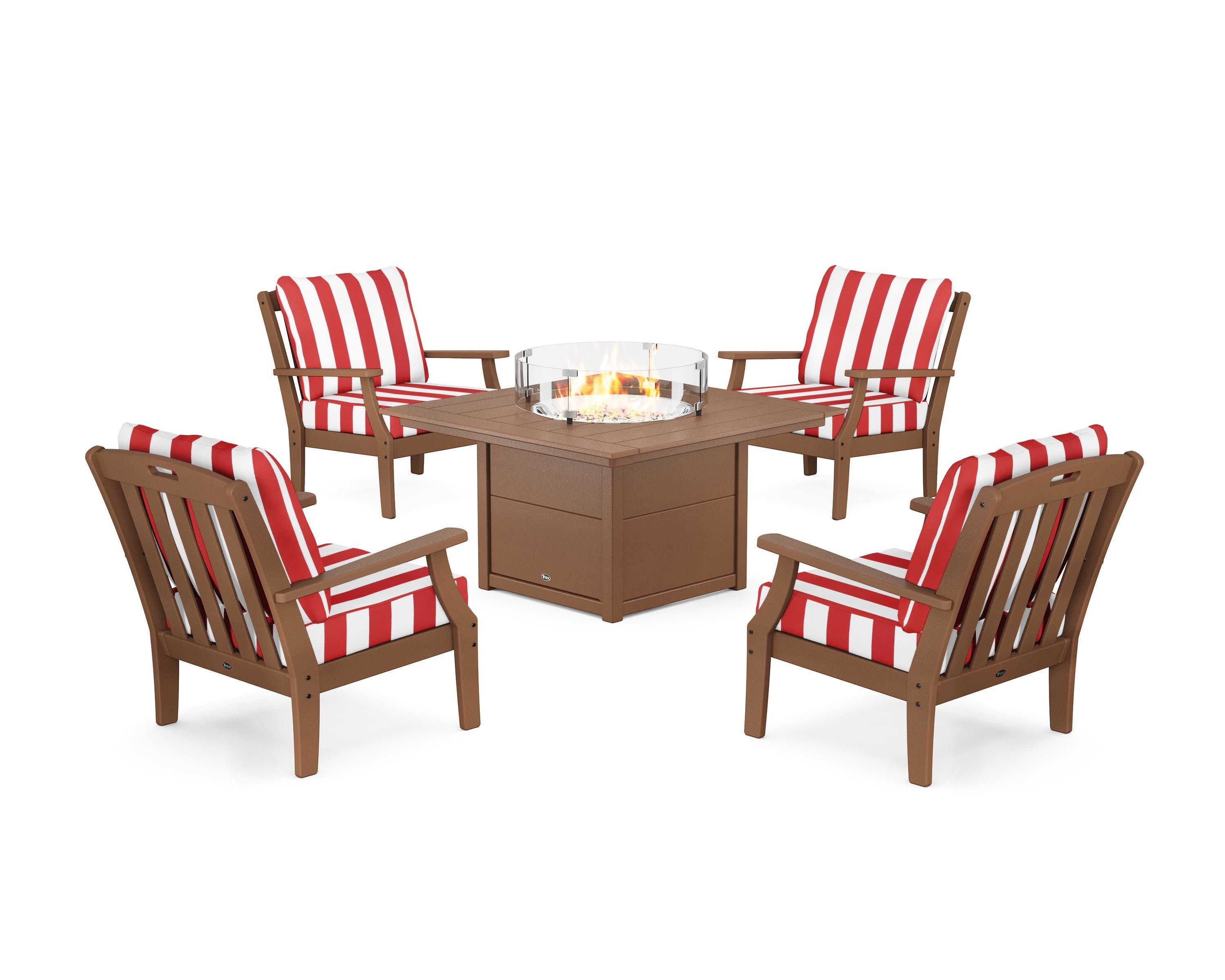 Yacht Club 5-Piece Deep Seating Set with Square Fire Pit Table in Tree House / Cabana Stripe Crimson