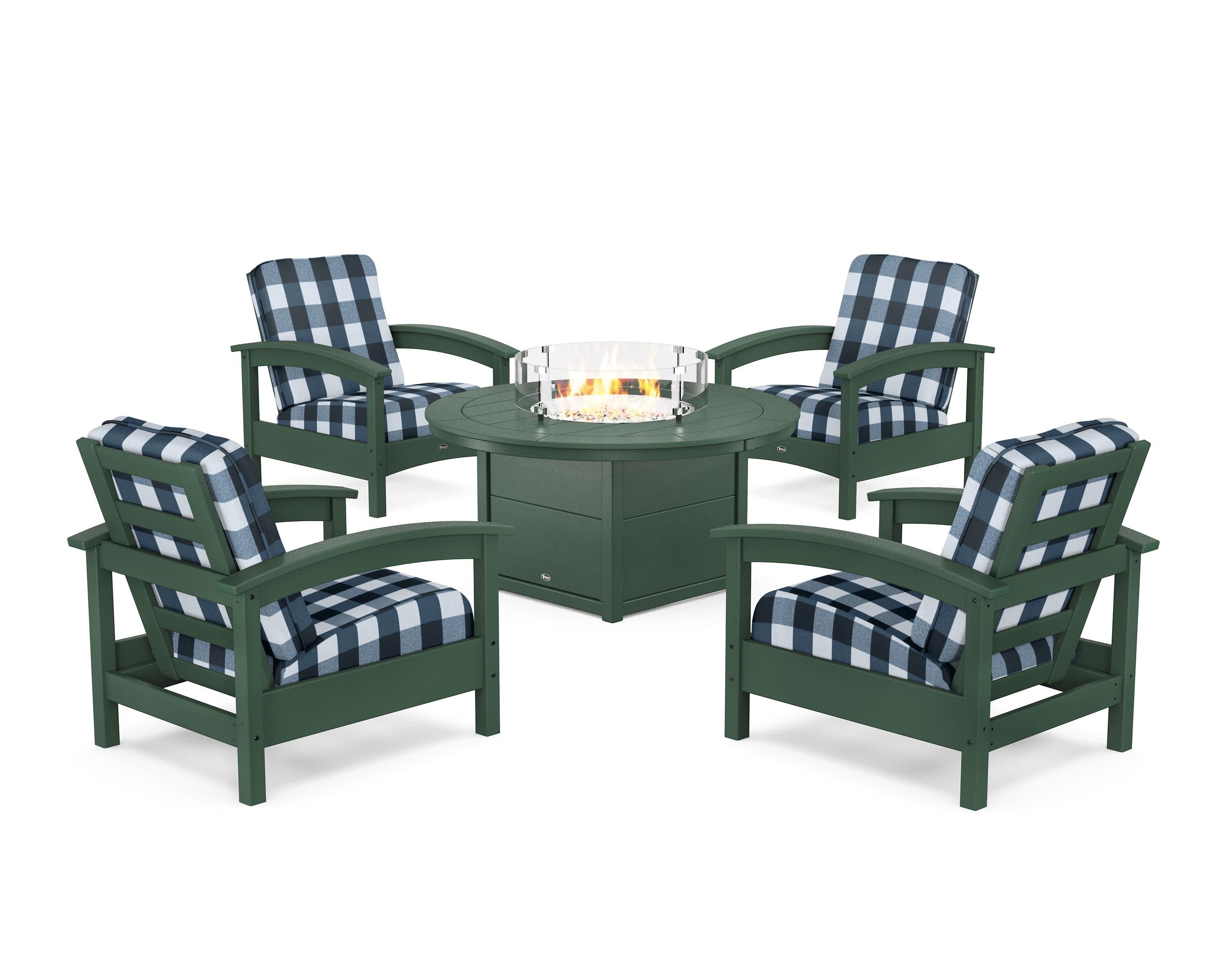 Rockport 5-Piece Deep Seating Set with Round Fire Pit Table in Rainforest Canopy / Buffalo Plaid Marine Indigo