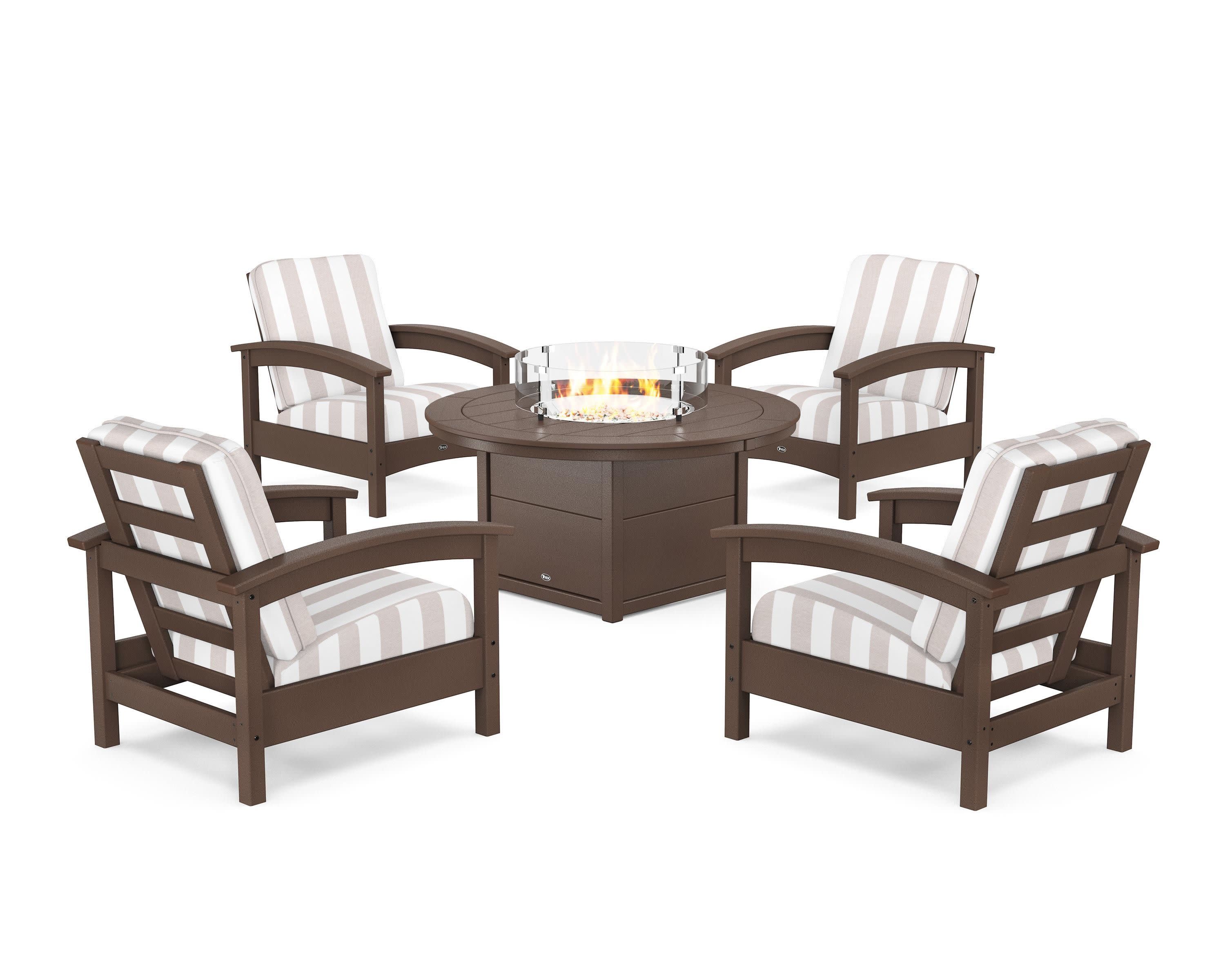 Rockport 5-Piece Deep Seating Set with Round Fire Pit Table in Vintage Lantern / Cabana Stripe Dune Burlap