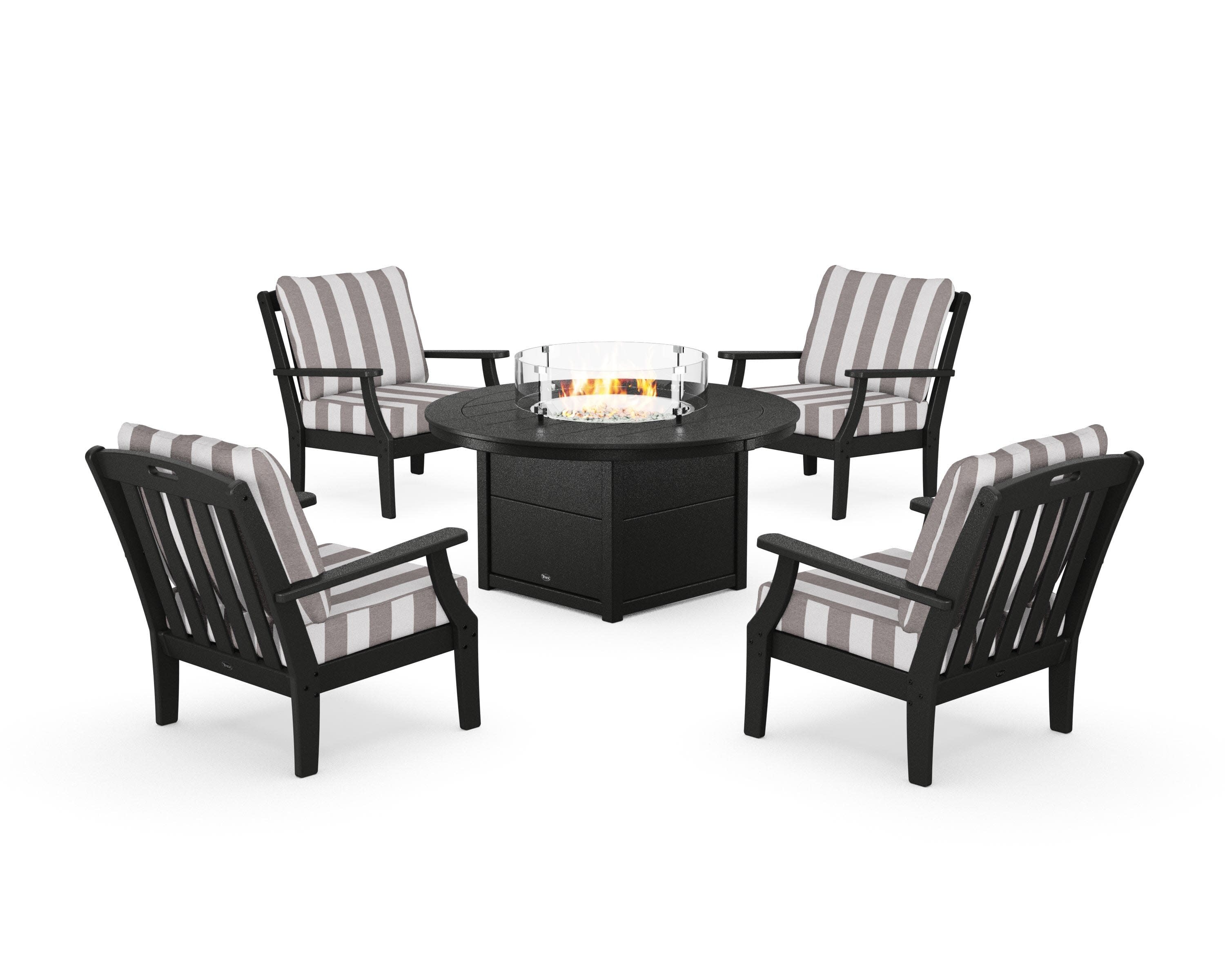 Yacht Club 5-Piece Deep Seating Set with Round Fire Pit Table in Charcoal Black / Cabana Stripe Grey Mist