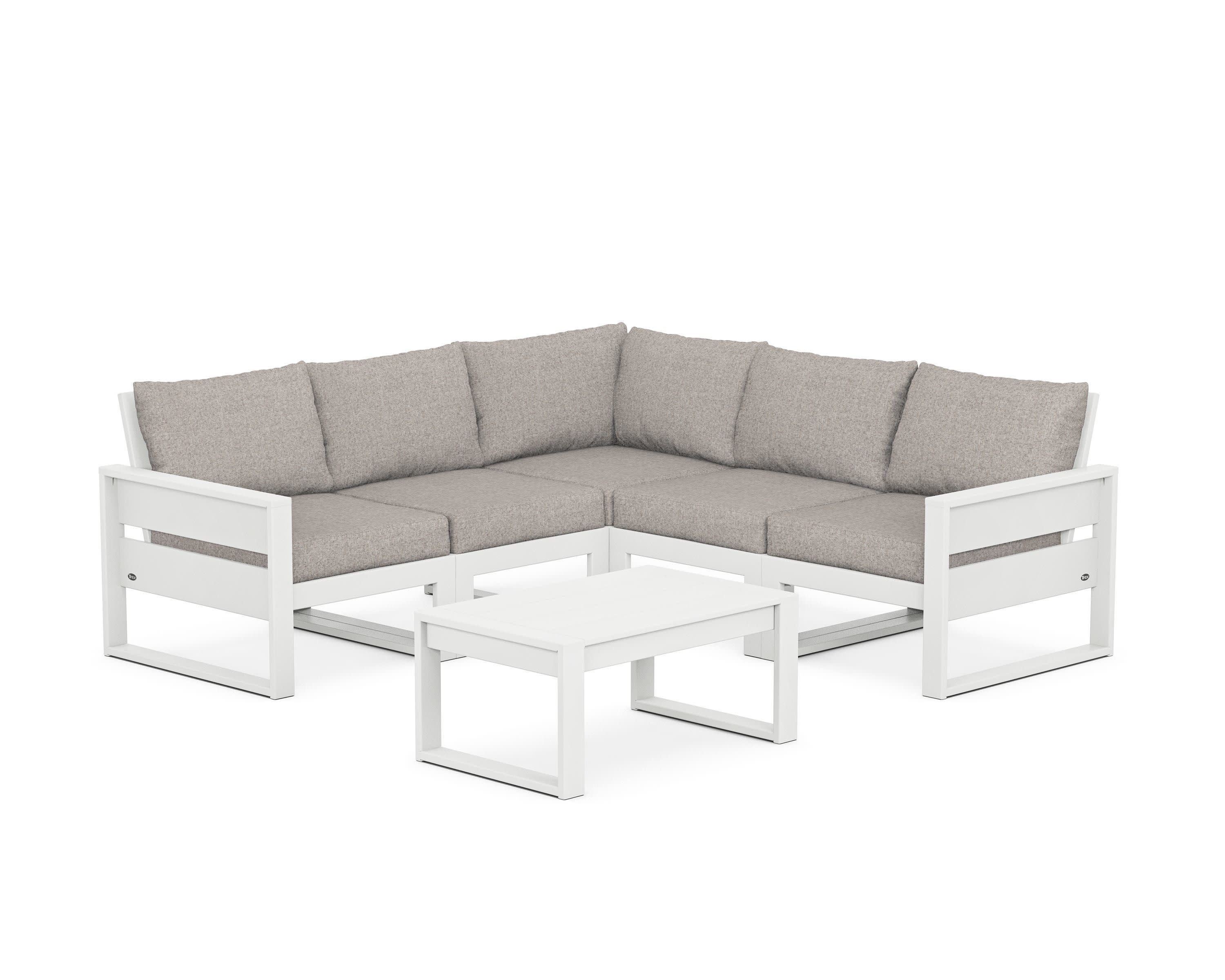 Eastport 6-Piece Deep Seating Sectional + Coffee Table Set in Classic White / Weathered Tweed