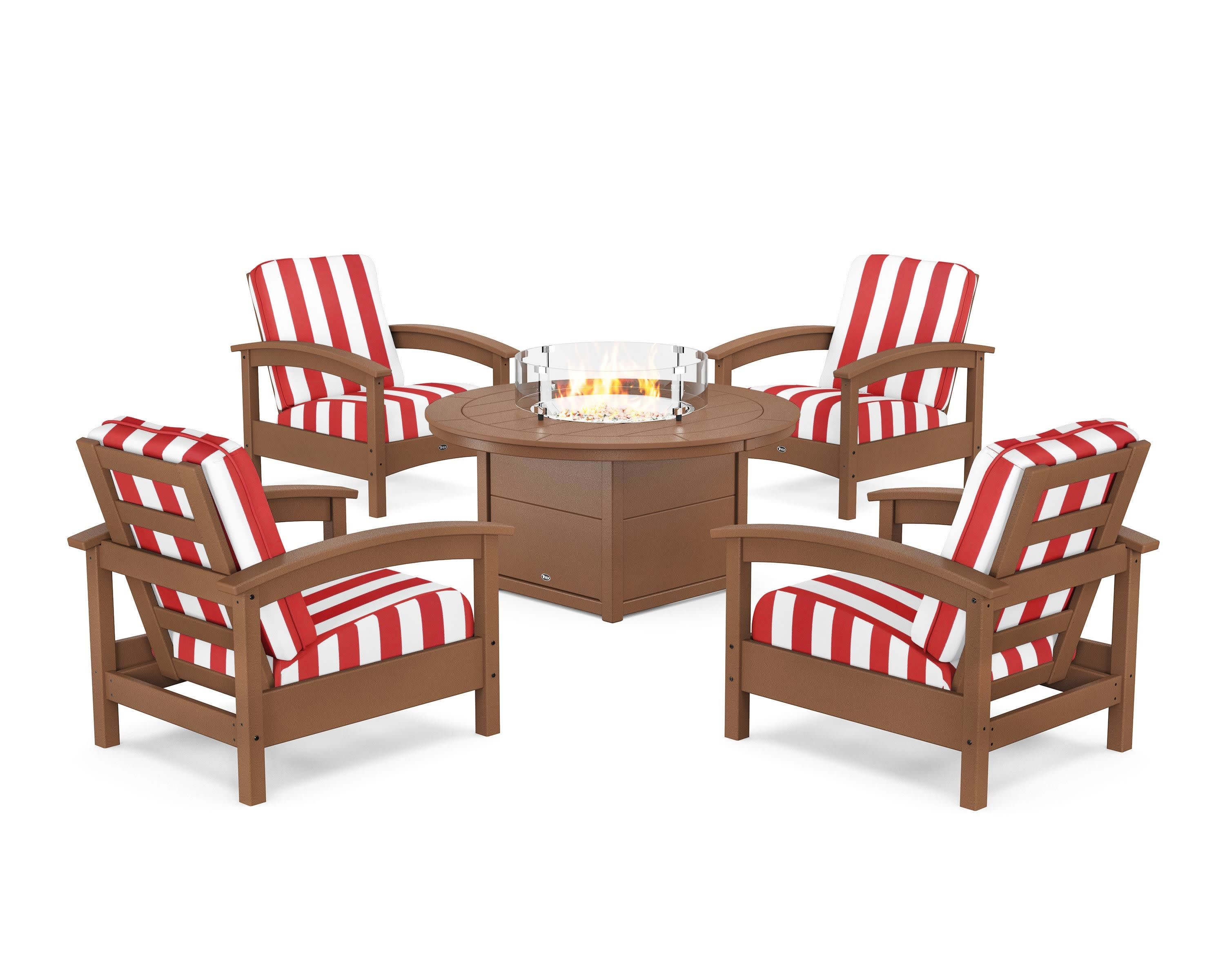 Rockport 5-Piece Deep Seating Set with Round Fire Pit Table in Tree House / Cabana Stripe Crimson