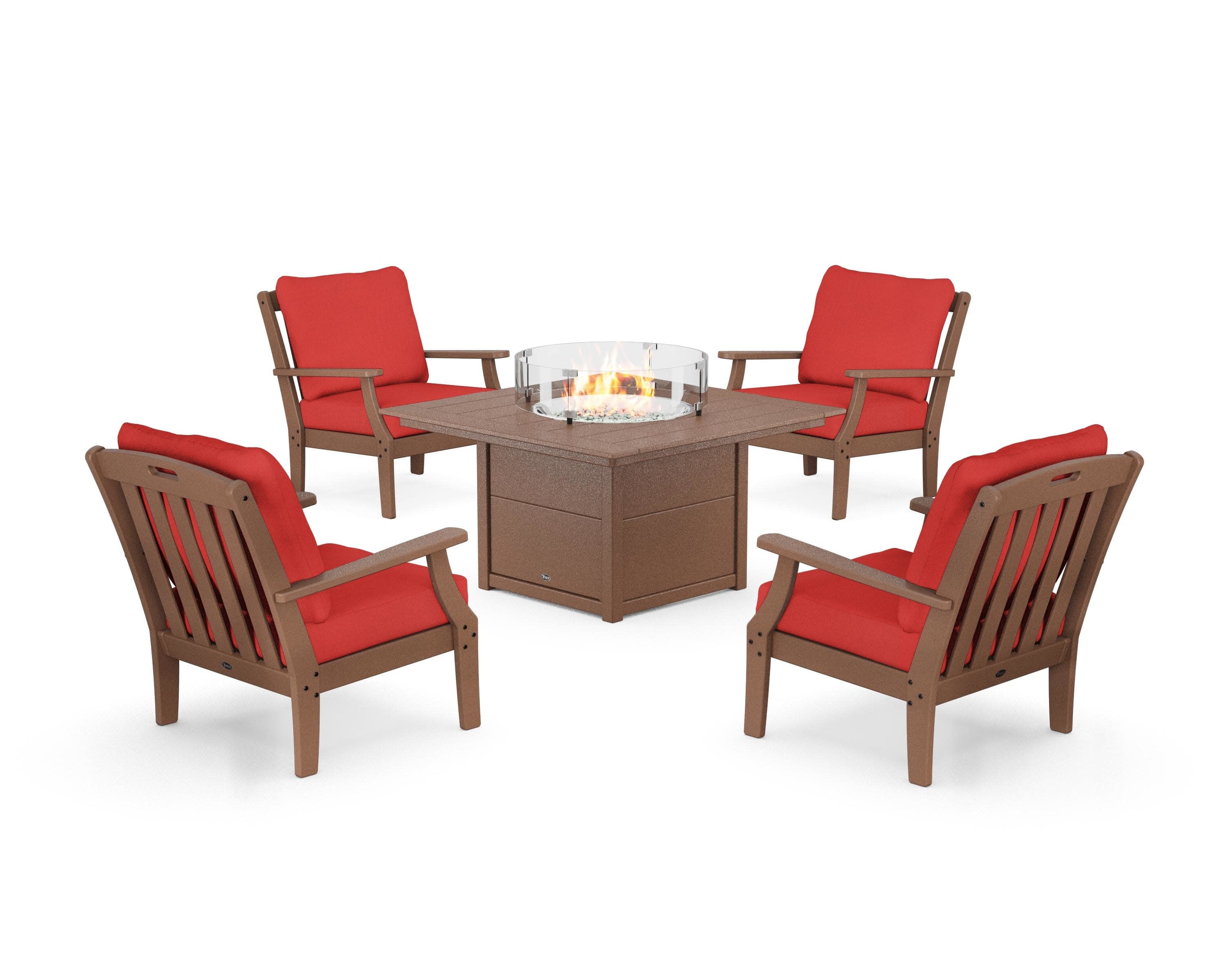 Yacht Club 5-Piece Deep Seating Set with Square Fire Pit Table in Tree House / Crimson Linen