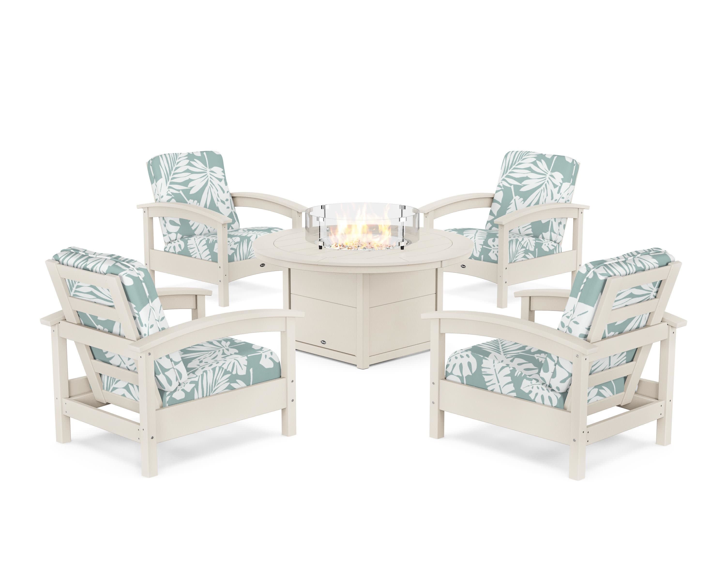 Rockport 5-Piece Deep Seating Set with Round Fire Pit Table in Sand Castle / Leaf Glacier Spa