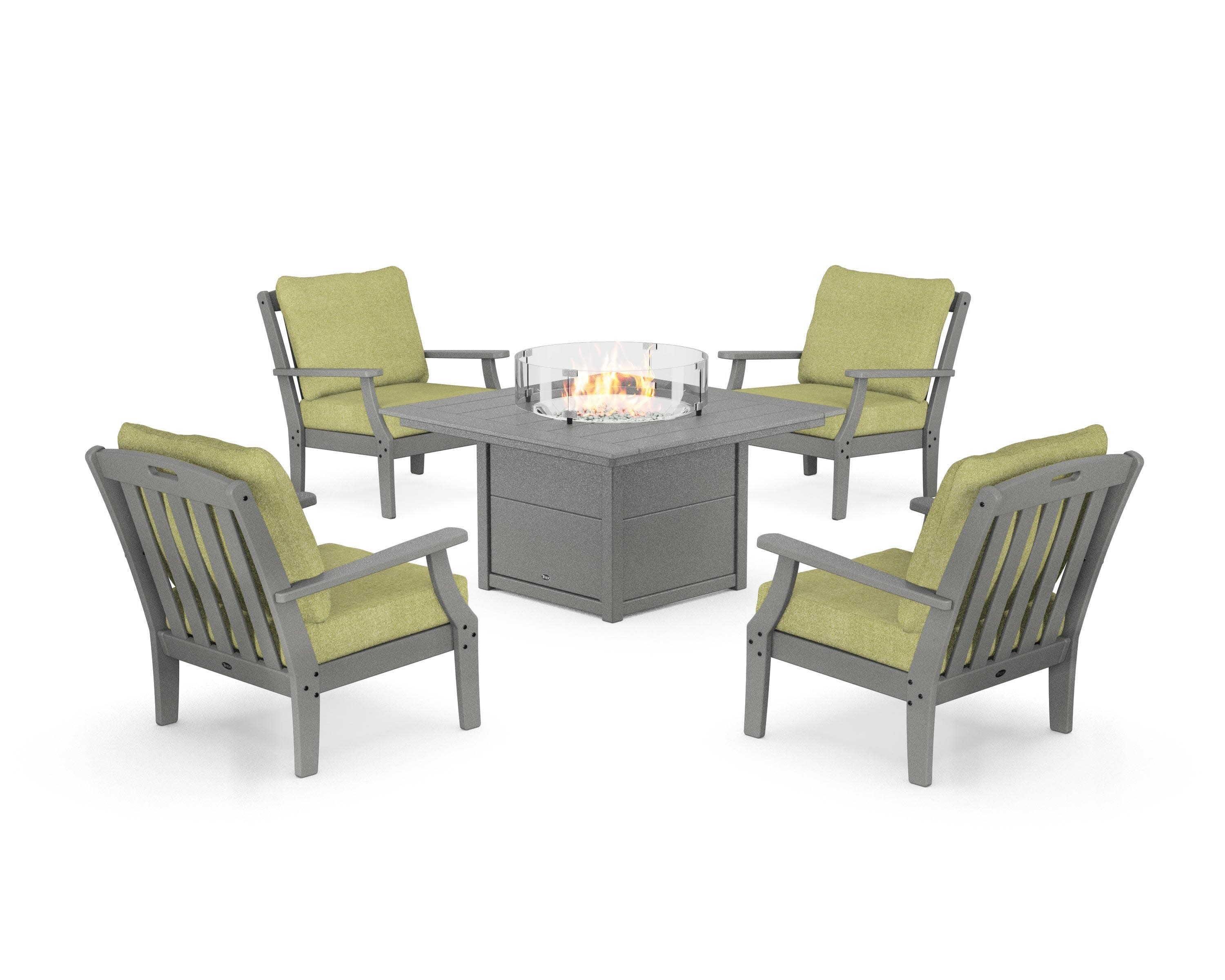 Yacht Club 5-Piece Deep Seating Set with Square Fire Pit Table in Stepping Stone / Chartreuse Boucle