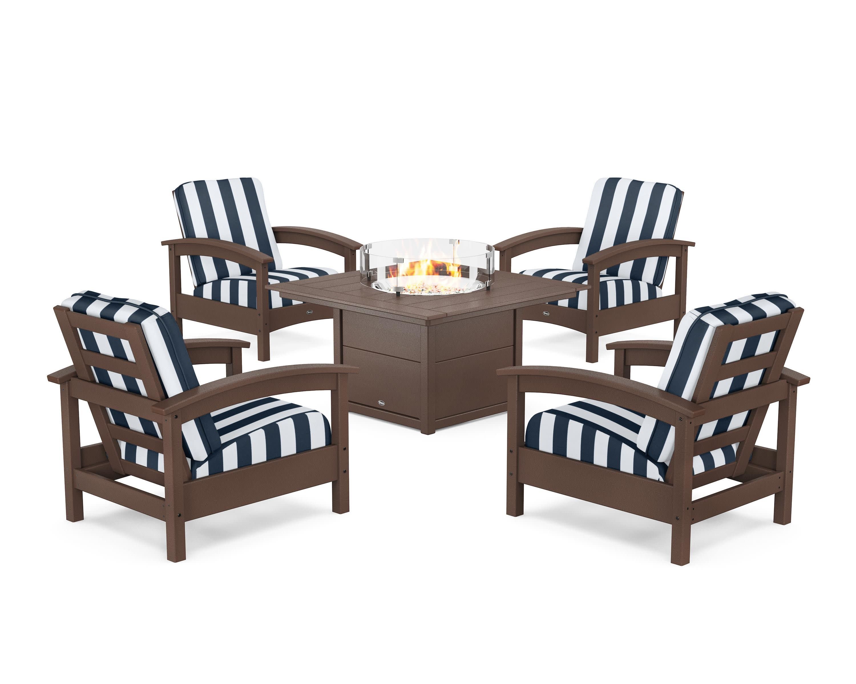 Rockport 5-Piece Deep Seating Set with Square Fire Pit Table in Vintage Lantern / Cabana Stripe Marine Indigo