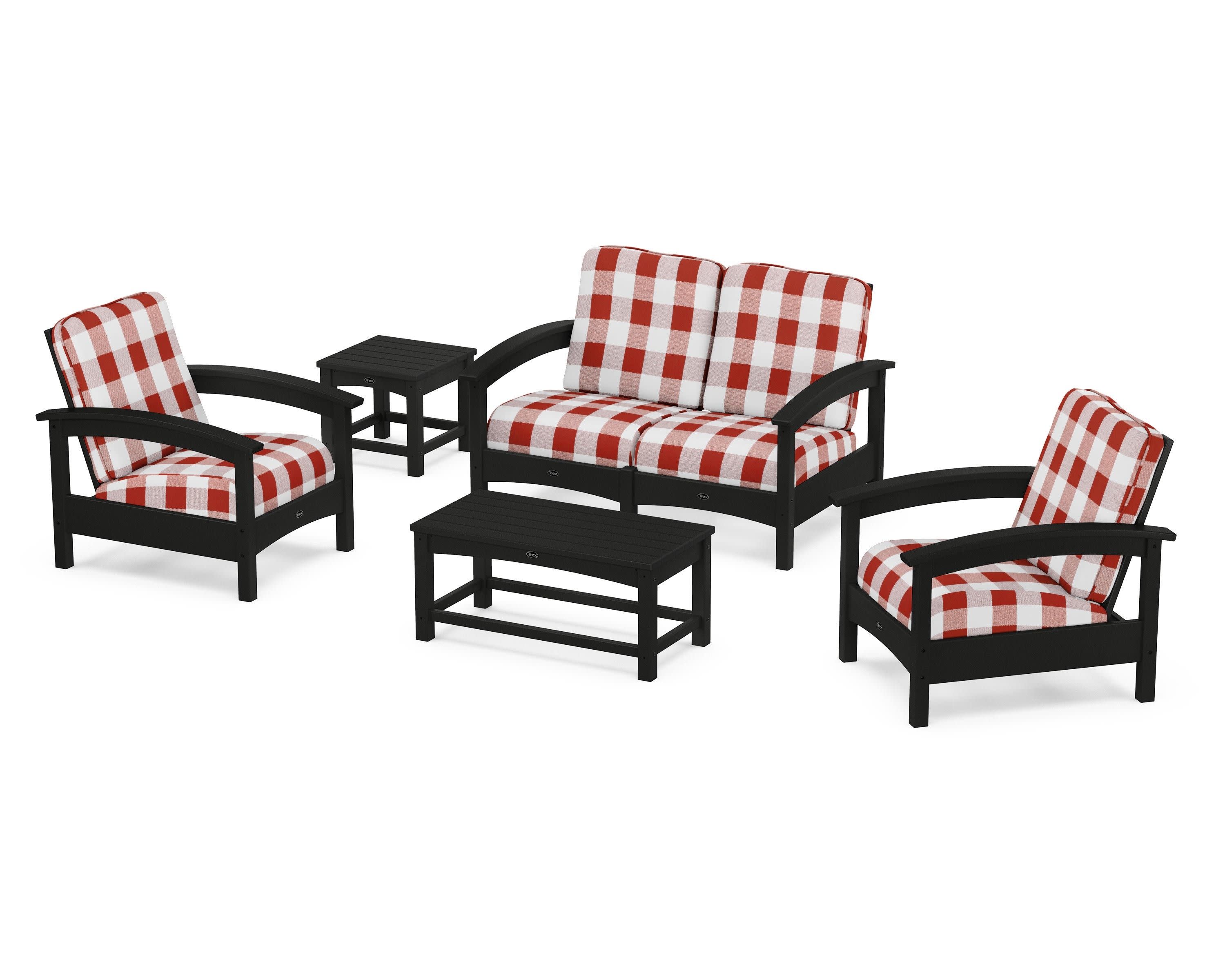 Rockport Club 6-Piece Deep Seating Conversation Set in Charcoal Black / Buffalo Plaid Crimson