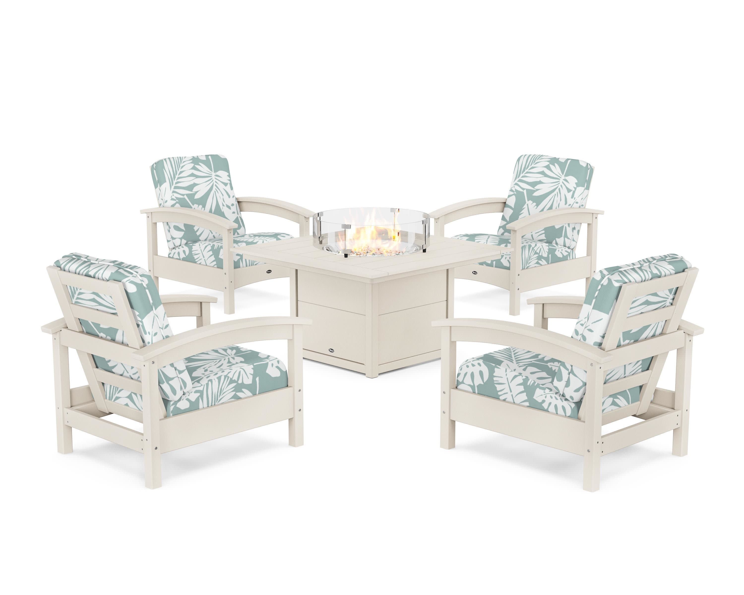 Rockport 5-Piece Deep Seating Set with Square Fire Pit Table in Sand Castle / Leaf Glacier Spa
