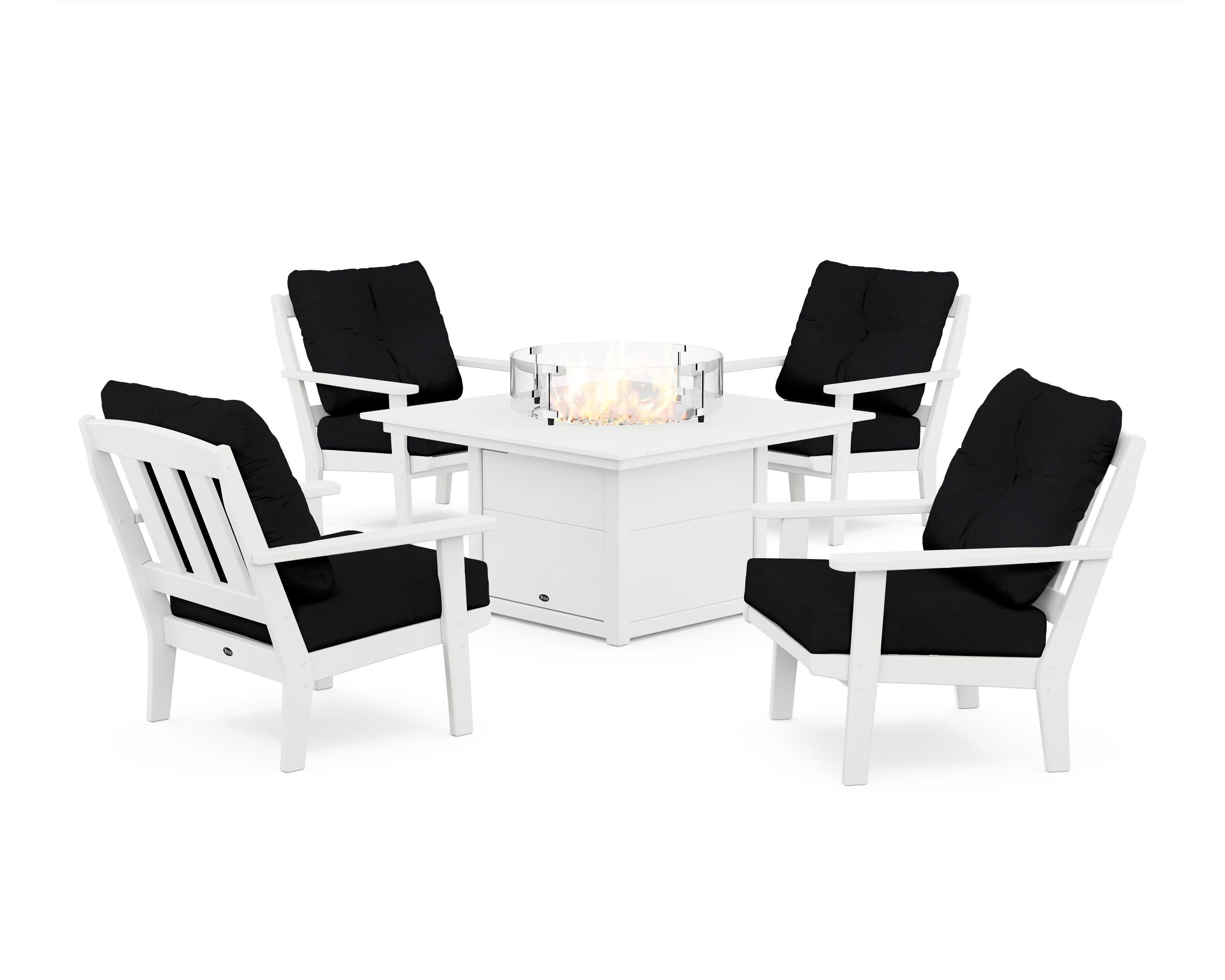Cape Cod 5-Piece Deep Seating Set with Fire Pit Table in Classic White / Midnight Linen